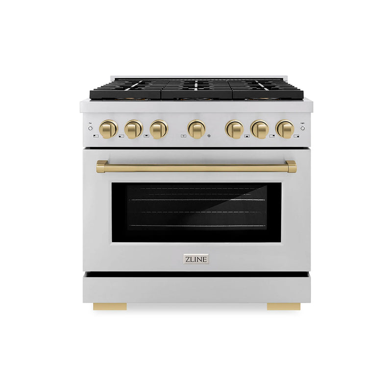 ZLINE Autograph Edition 36-Inch 5.2 cu. ft. Paramount Dual Fuel Range with 6 Burner DuoPro™ Cooktop and Electric Convection Oven in Stainless Steel and Champagne Bronze Accents (PSDRZ-36-CB)