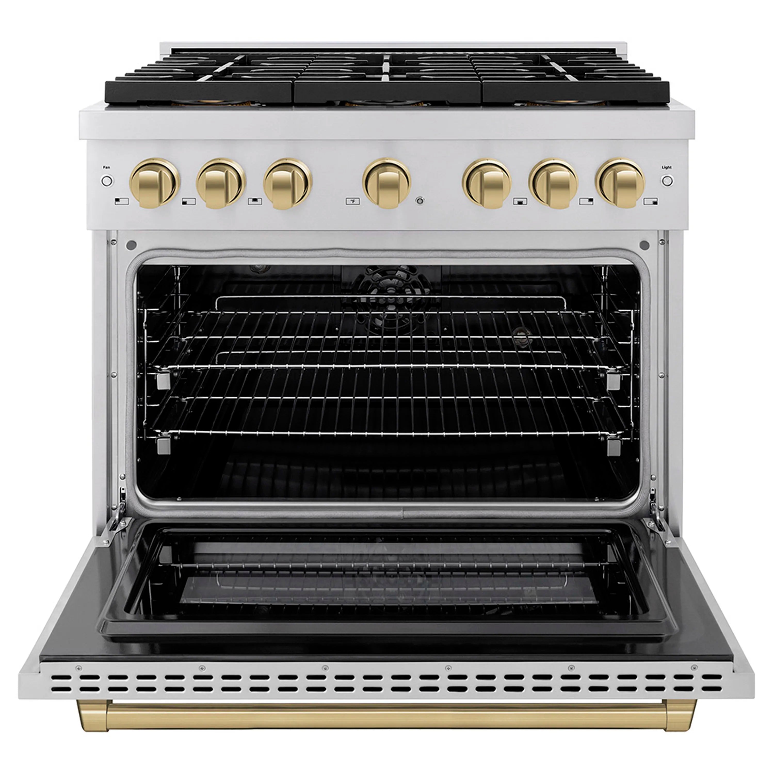Stainless steel dual-fuel range with black grates, six burners, and open electric convection oven
