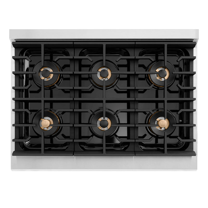 ZLINE Autograph Edition 36-Inch 5.2 cu. ft. Paramount Dual Fuel Range with 6 Burner DuoPro™ Cooktop and Electric Convection Oven in Stainless Steel and Champagne Bronze Accents (PSDRZ-36-CB)