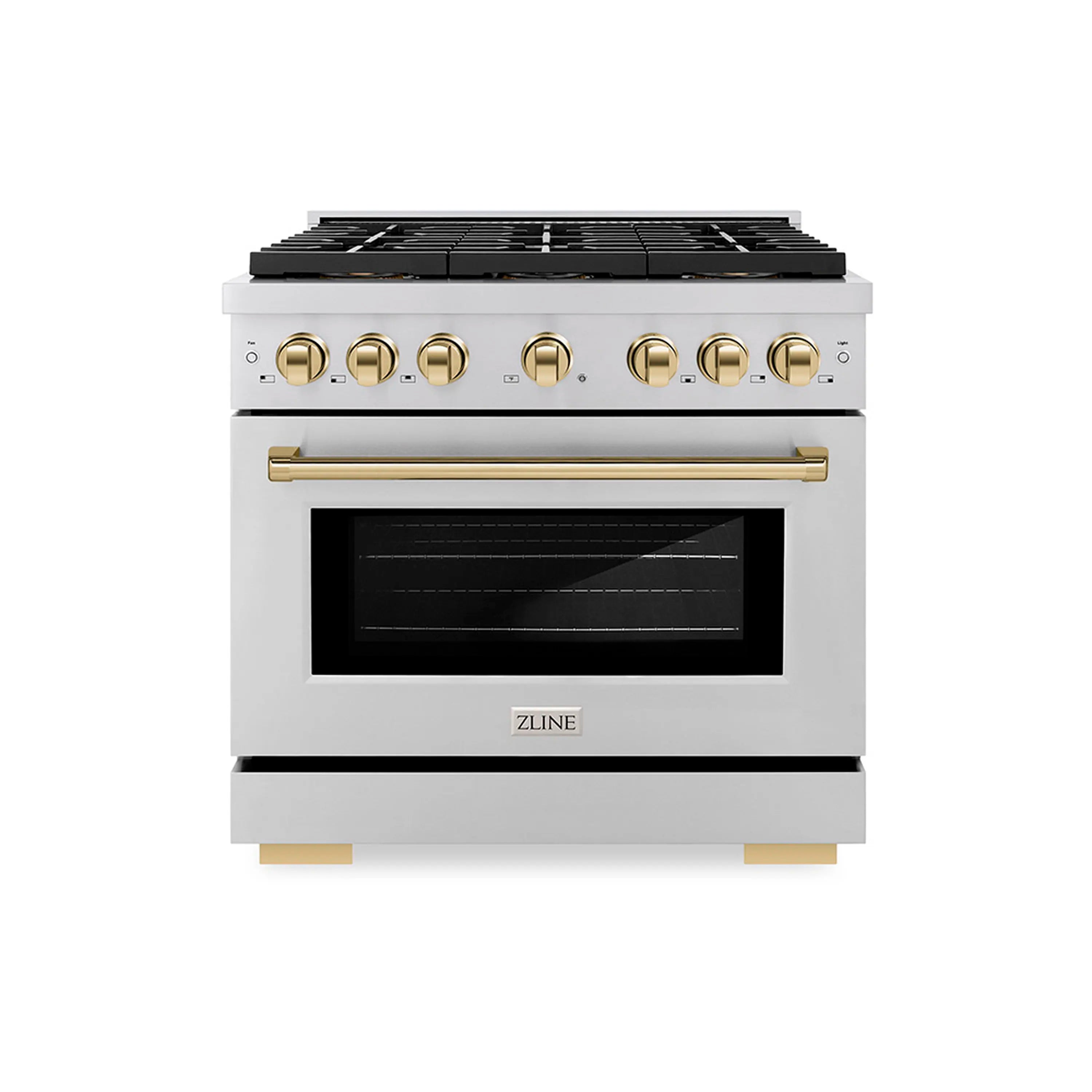 Stainless steel range with black cooktop grates, gold knobs, and a glass oven door