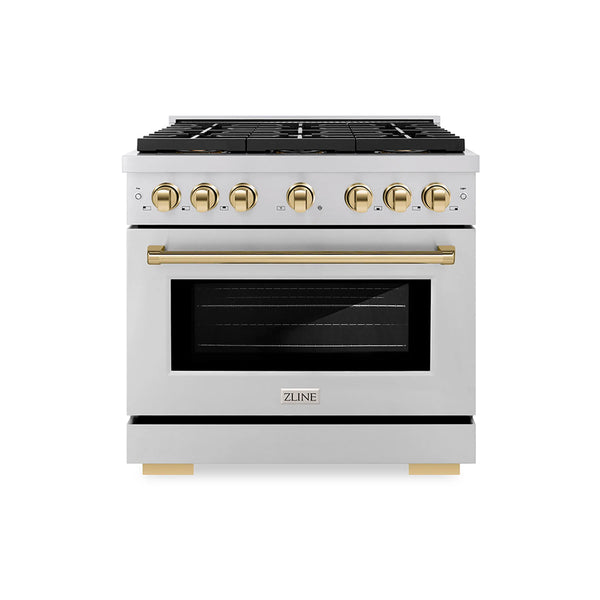 ZLINE Autograph Edition 36-Inch 5.2 cu. ft. Paramount Dual Fuel Range with 6 Burner DuoPro™ Cooktop and Electric Convection Oven in Stainless Steel and Polished Gold Accents (PSDRZ-36-G)