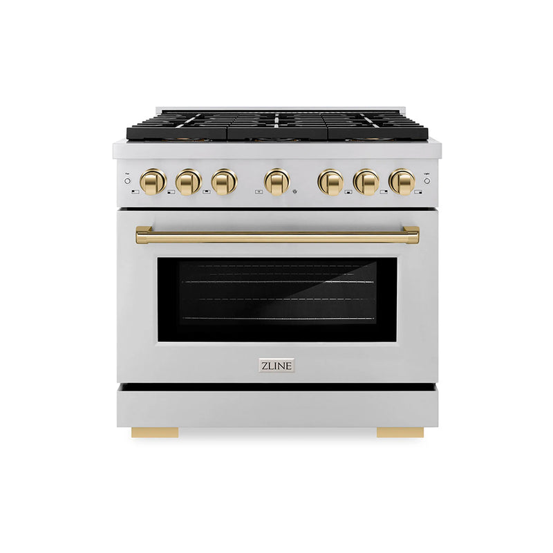 ZLINE Autograph Edition 36-Inch 5.2 cu. ft. Paramount Dual Fuel Range with 6 Burner DuoPro™ Cooktop and Electric Convection Oven in Stainless Steel and Polished Gold Accents (PSDRZ-36-G)