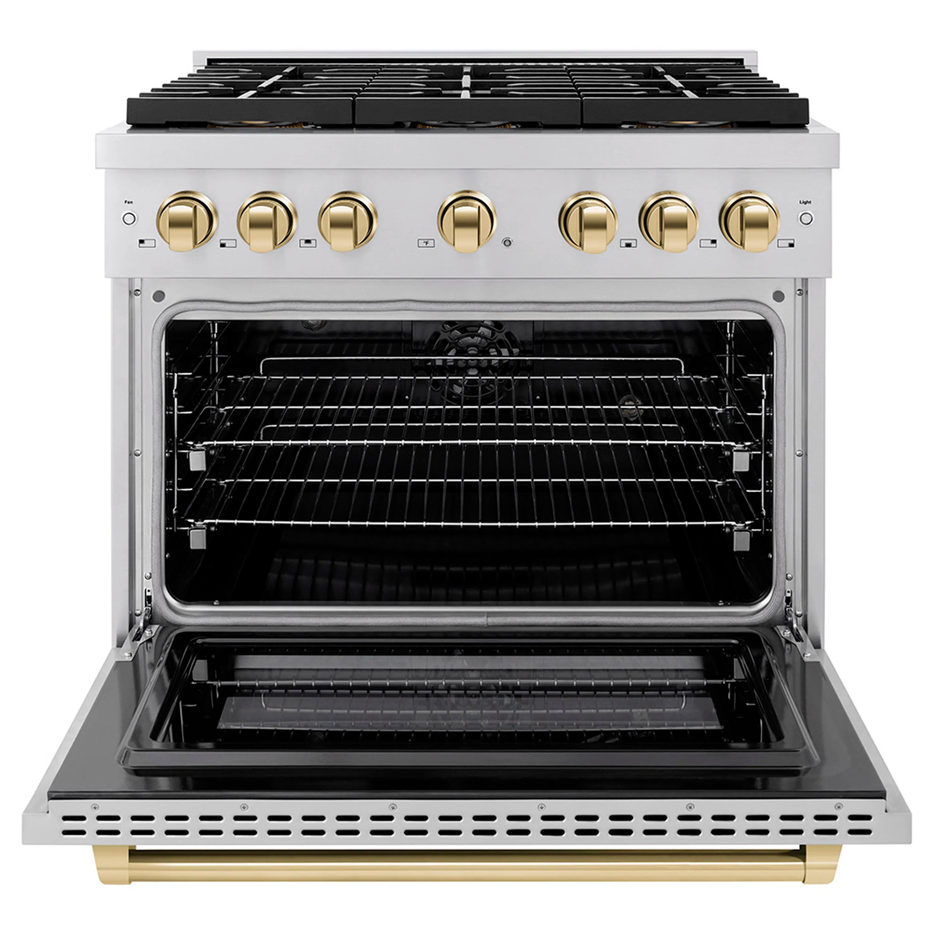 Stainless steel oven door open showing black interior racks and side rails