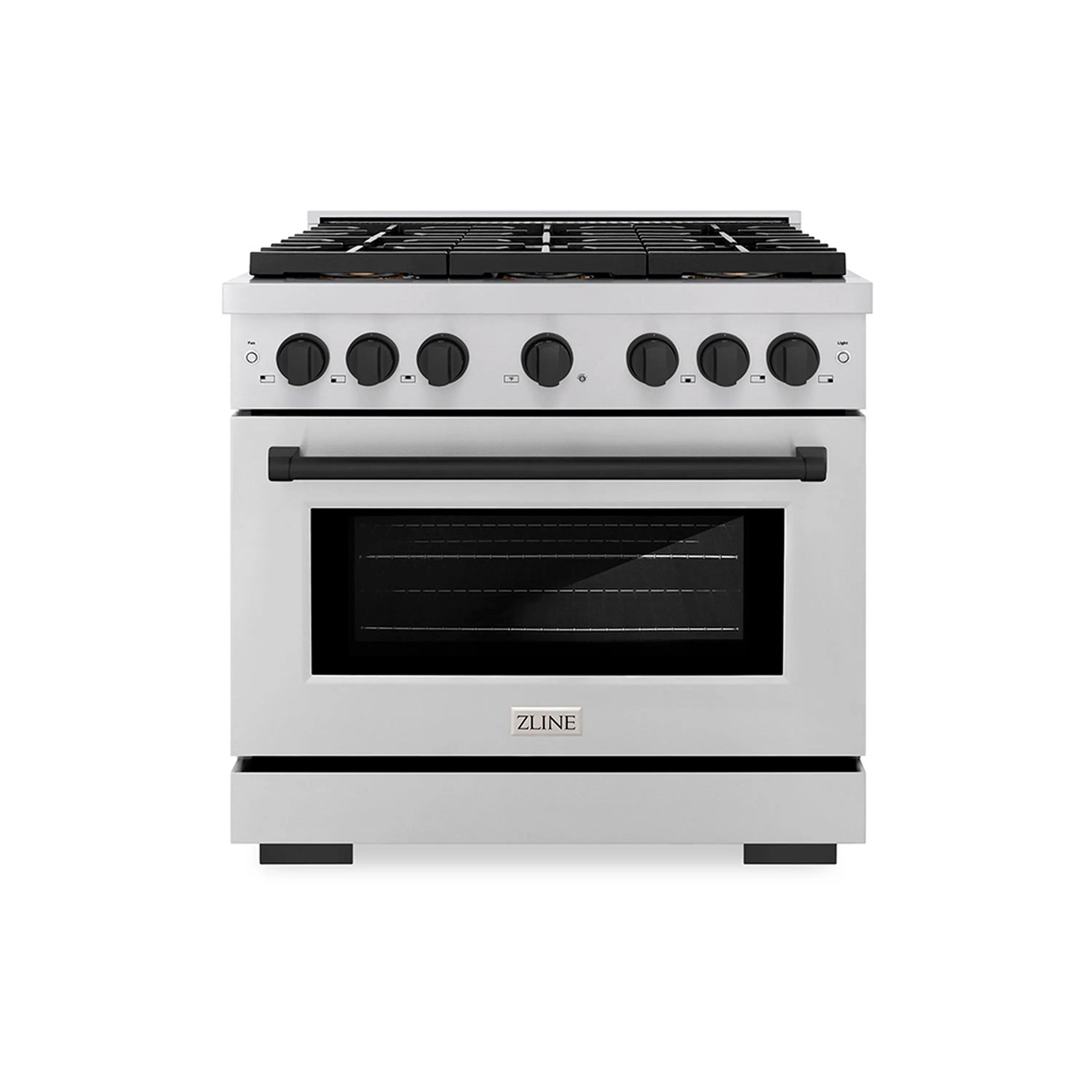 Stainless steel electric range with matte black cooktop and front control knobs