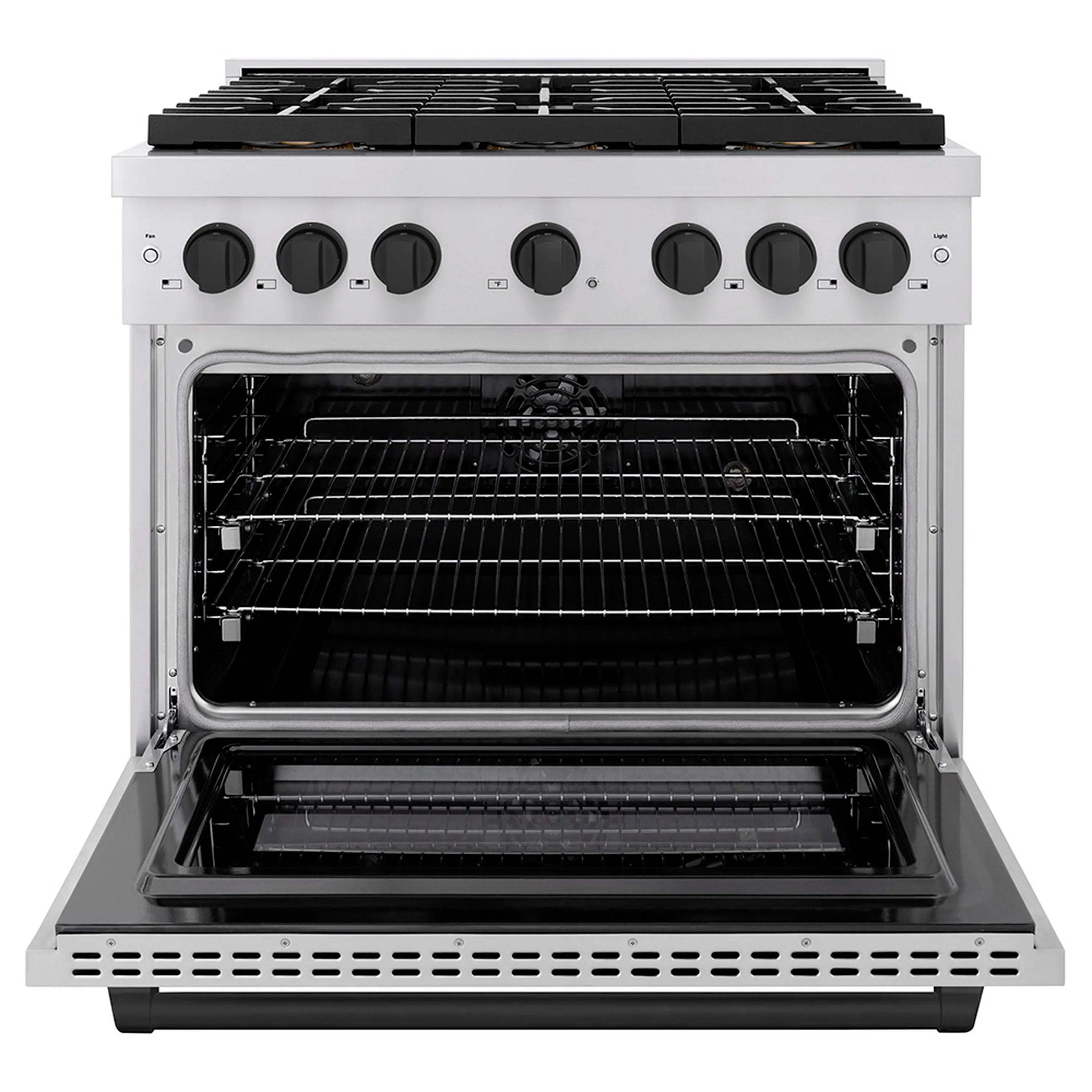Open oven door with convection fan and wire oven racks inside