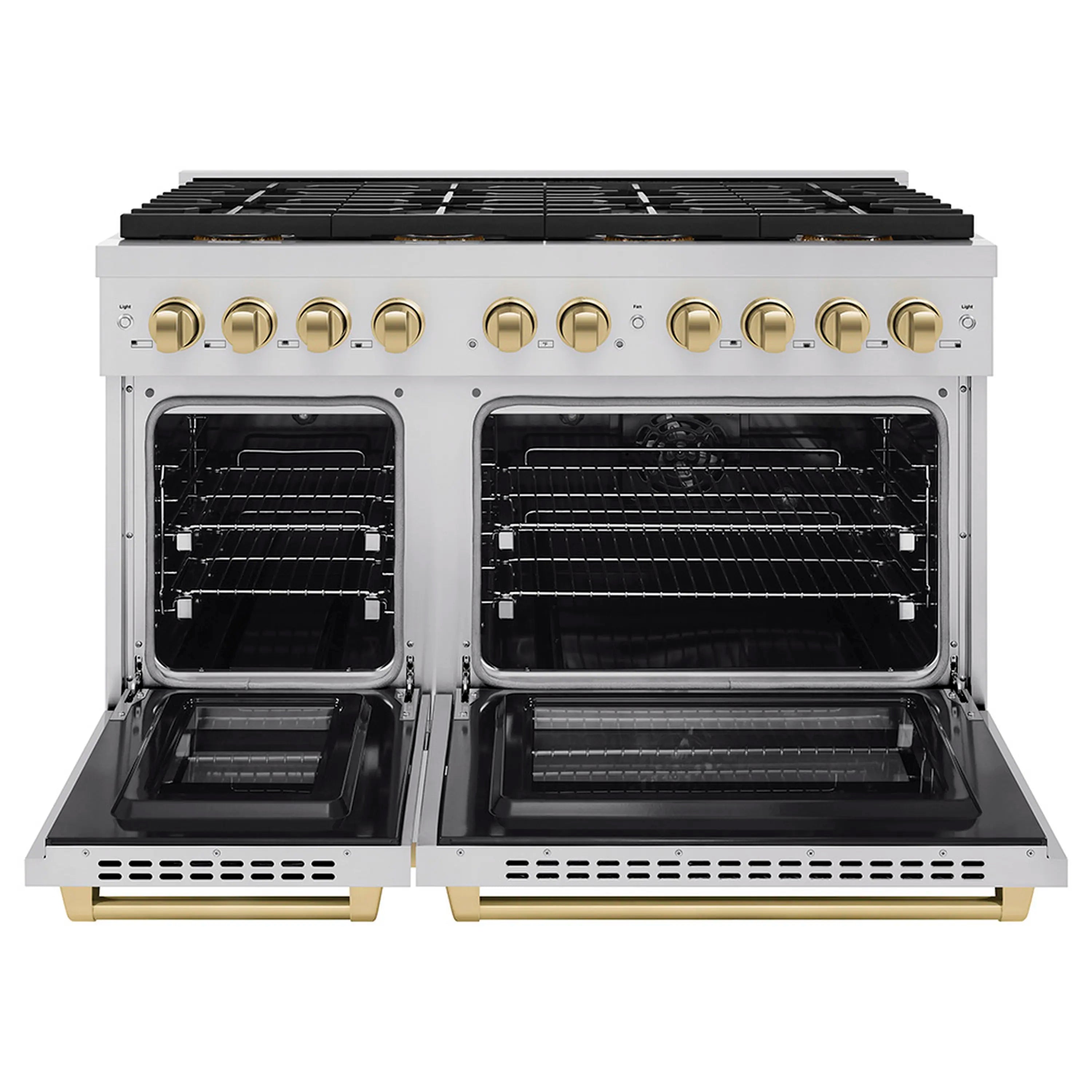 Open dual oven doors with black interiors and champagne bronze drawer handles