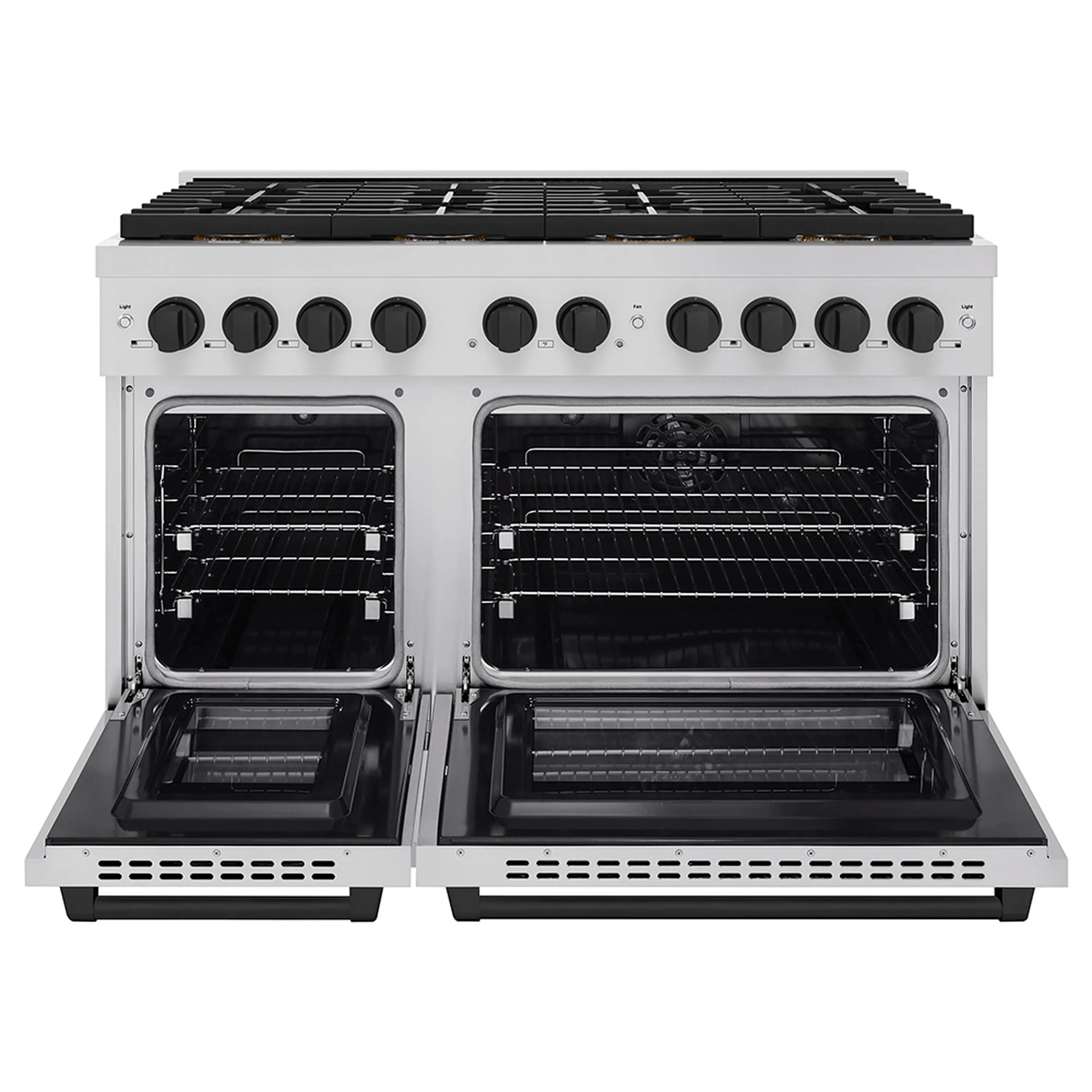 Dual fuel range with both oven doors open, showing racks inside and black cooktop above