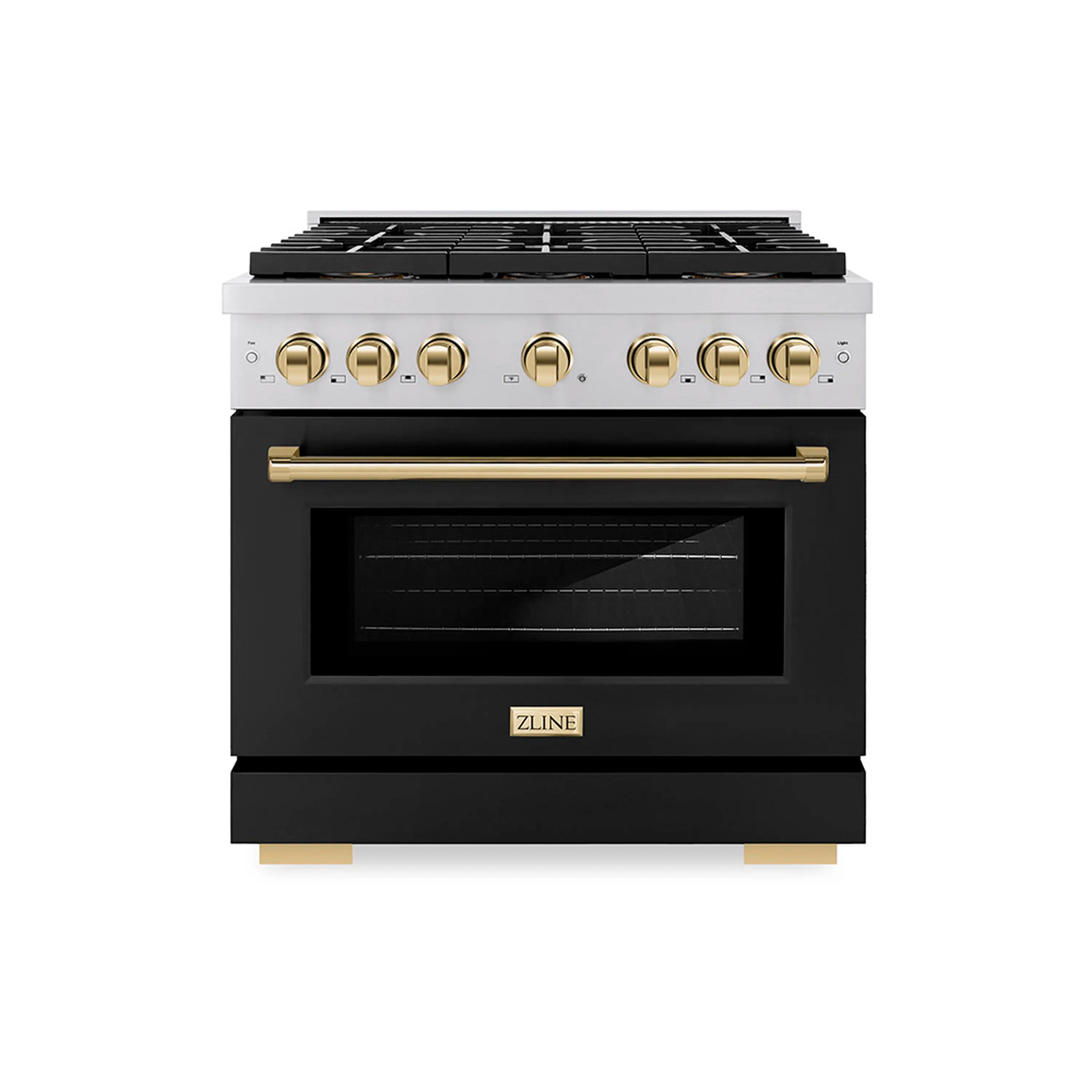 Black electric convection oven door with gold knobs and stainless control panel