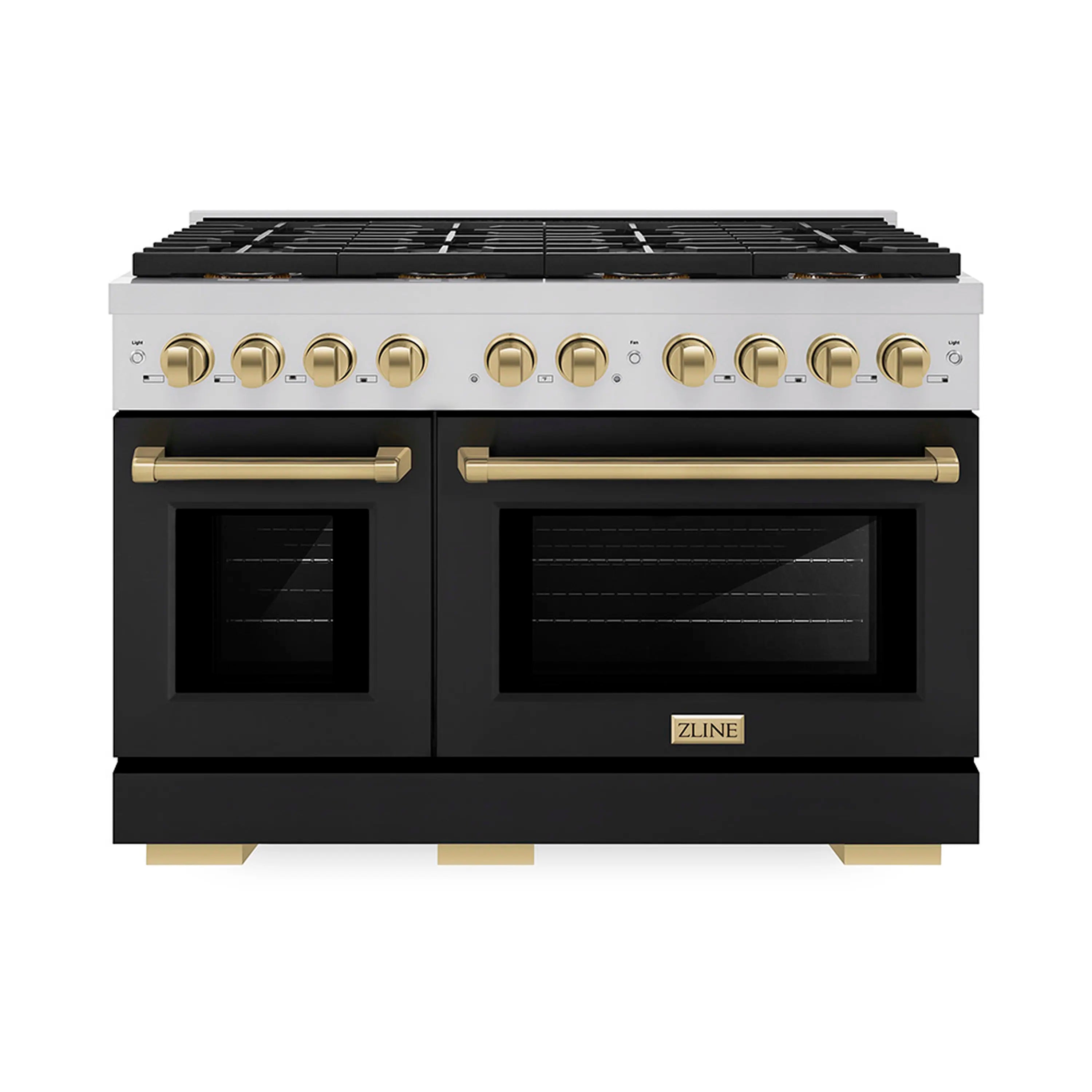 Dual-fuel range with black matte doors and champagne bronze control knobs