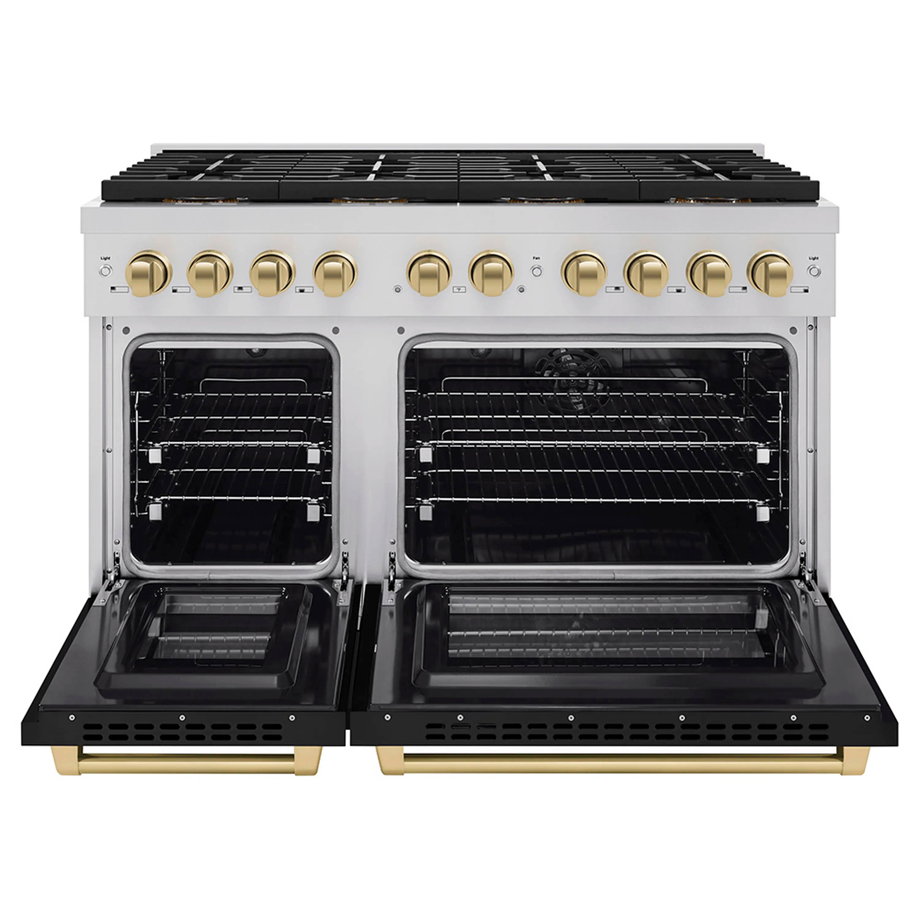 Dual-fuel range with two open oven doors and bronze-trimmed drawers