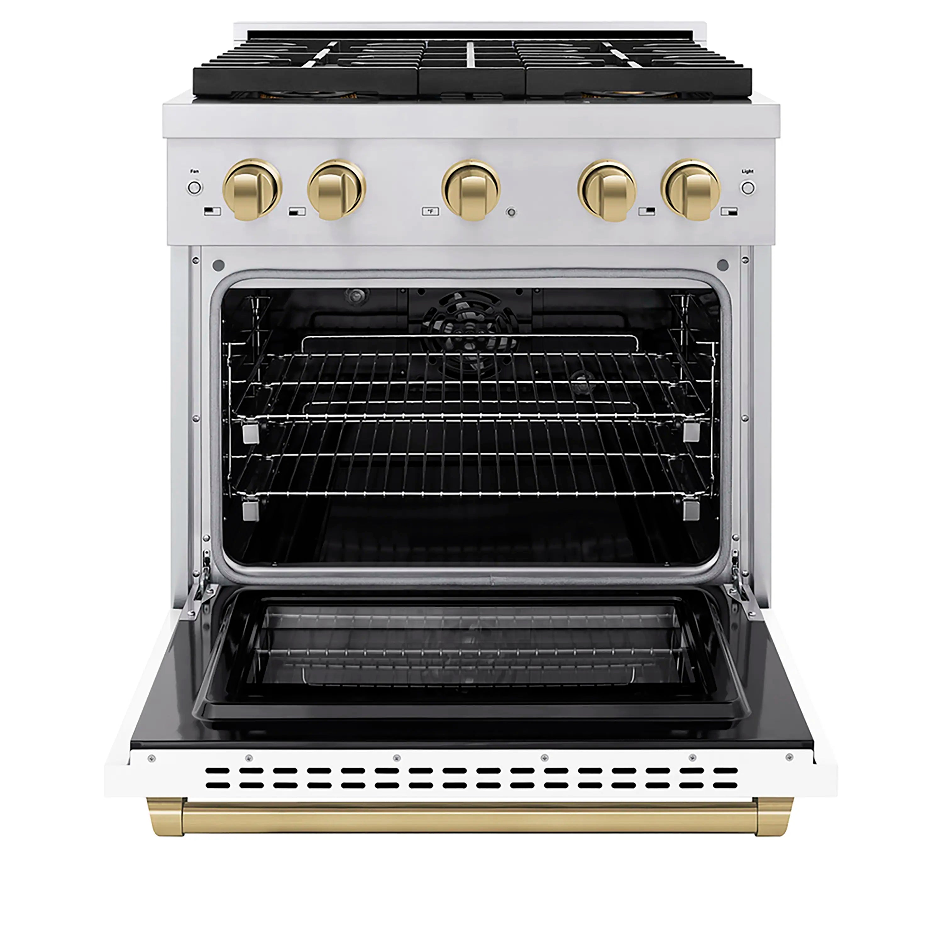 Open oven with black interior racks and champagne-brass trim on the base