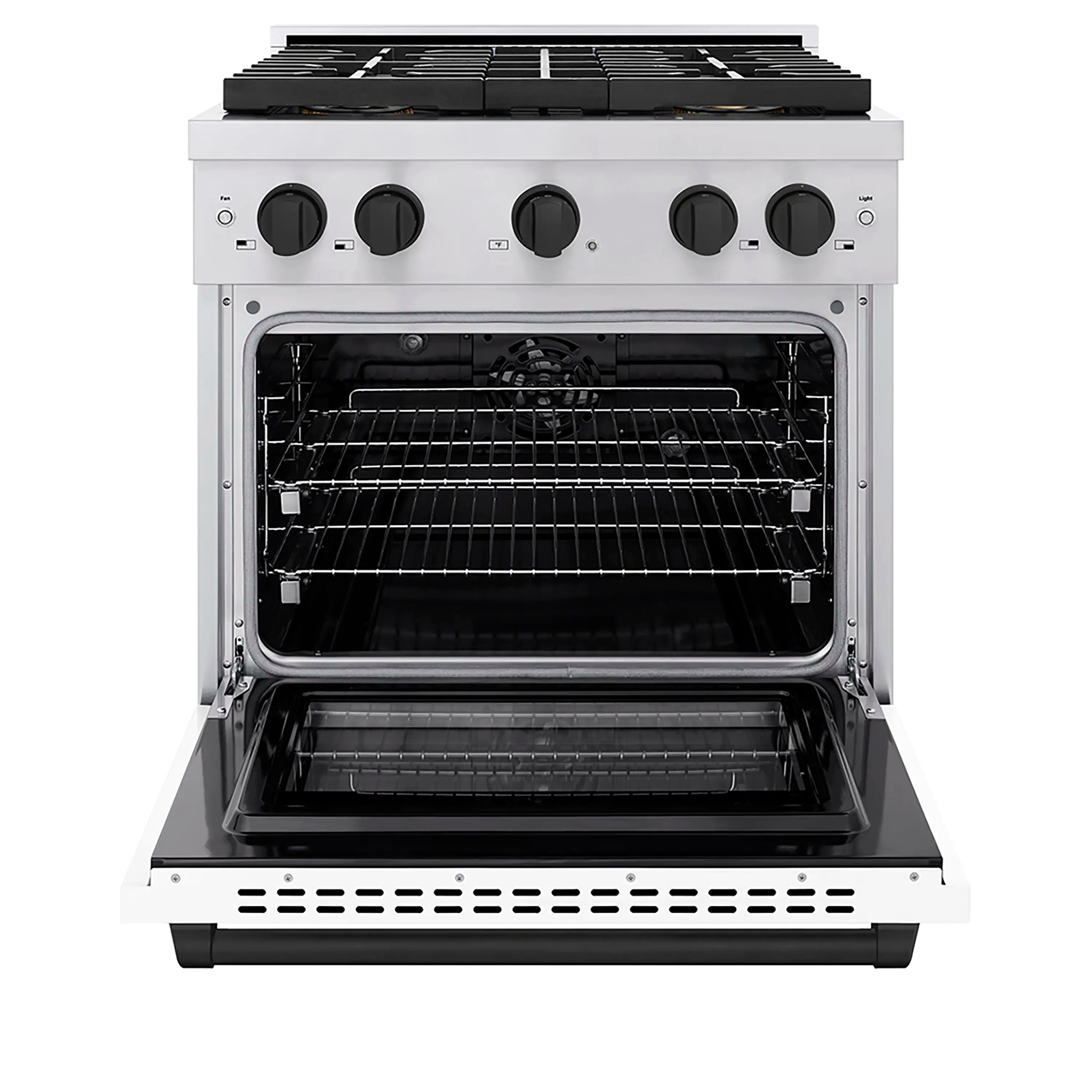 Open oven door of a stainless steel range showing wire rack and interior lighted cavity