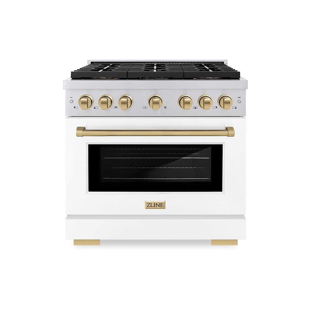 White matte dual-fuel range with 6-burner cooktop and electric convection oven door, bronze accents