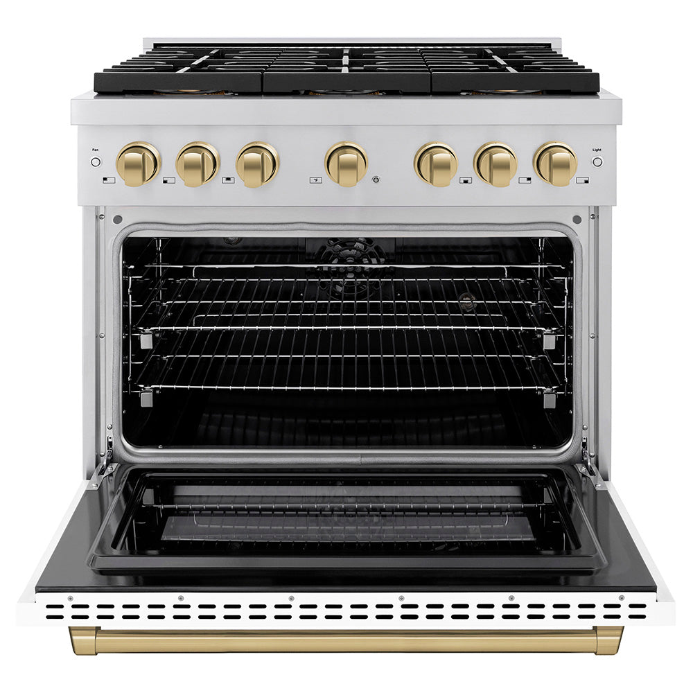 White dual-fuel range with open convection oven and 6-burner cooktop, champagne bronze details