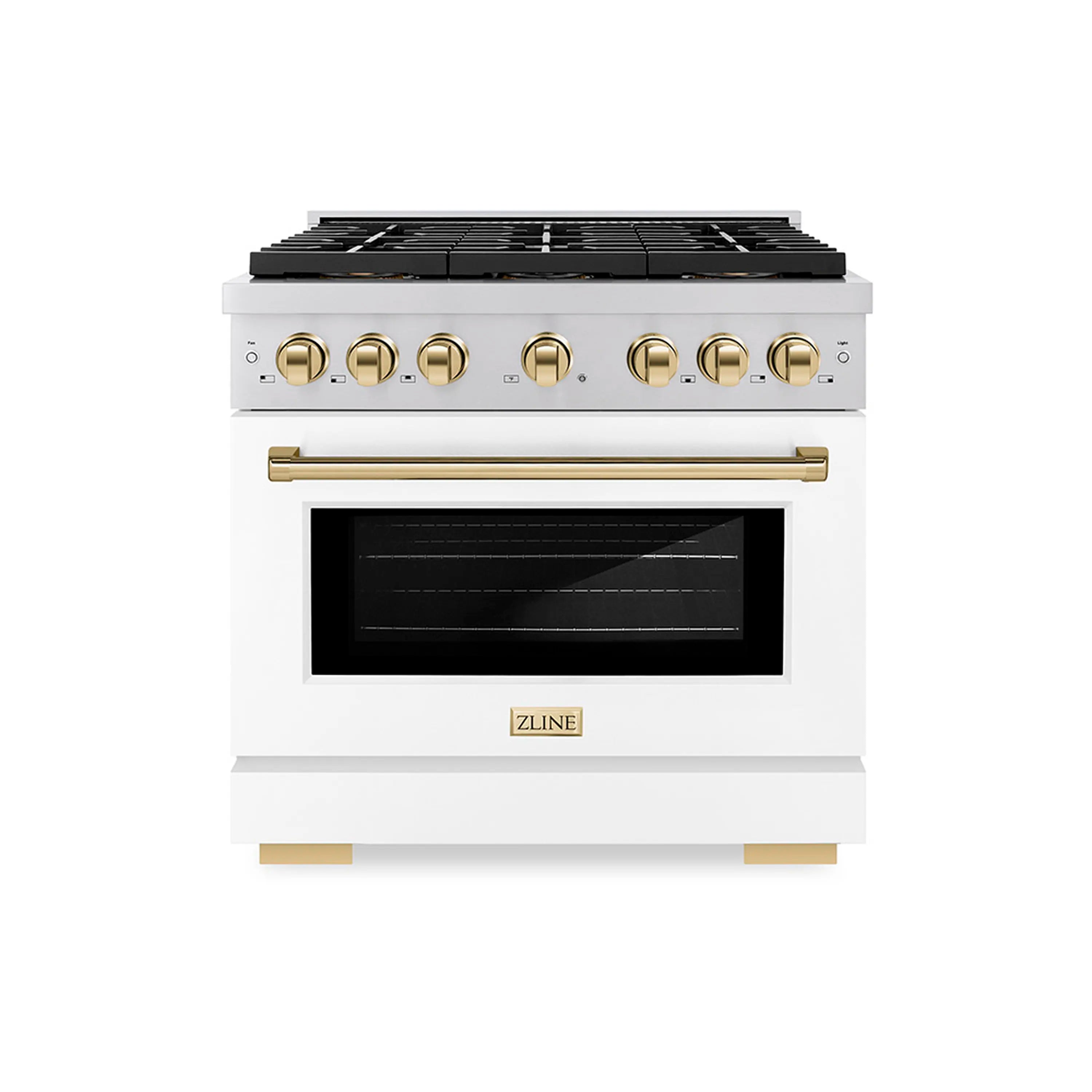 36-inch dual fuel range with white matte door and gold control knobs, closed