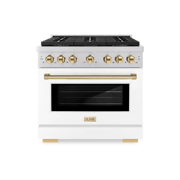 ZLINE Autograph Edition 36-Inch 5.2 cu. ft. Paramount Dual Fuel Range with 6 Burner DuoPro™ Cooktop and Electric Convection Oven with White Matte Door and Polished Gold Accents (PSDRZ-WM-36-G)