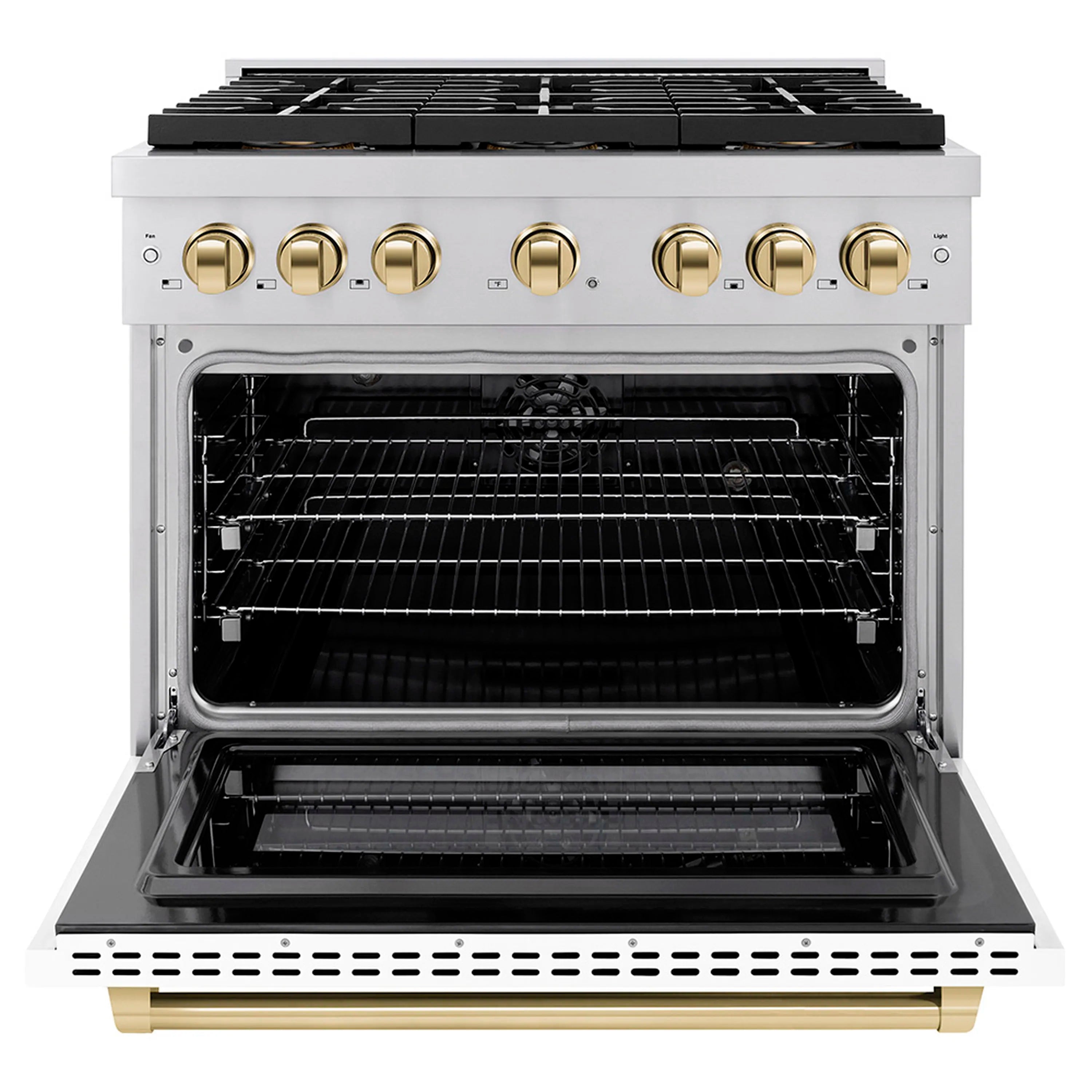 Dual fuel range with oven door open, black interior cavity and wire rack