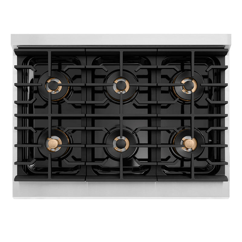 ZLINE Autograph Edition 36-Inch 5.2 cu. ft. Paramount Dual Fuel Range with 6 Burner DuoPro™ Cooktop and Electric Convection Oven with White Matte Door and Polished Gold Accents (PSDRZ-WM-36-G)