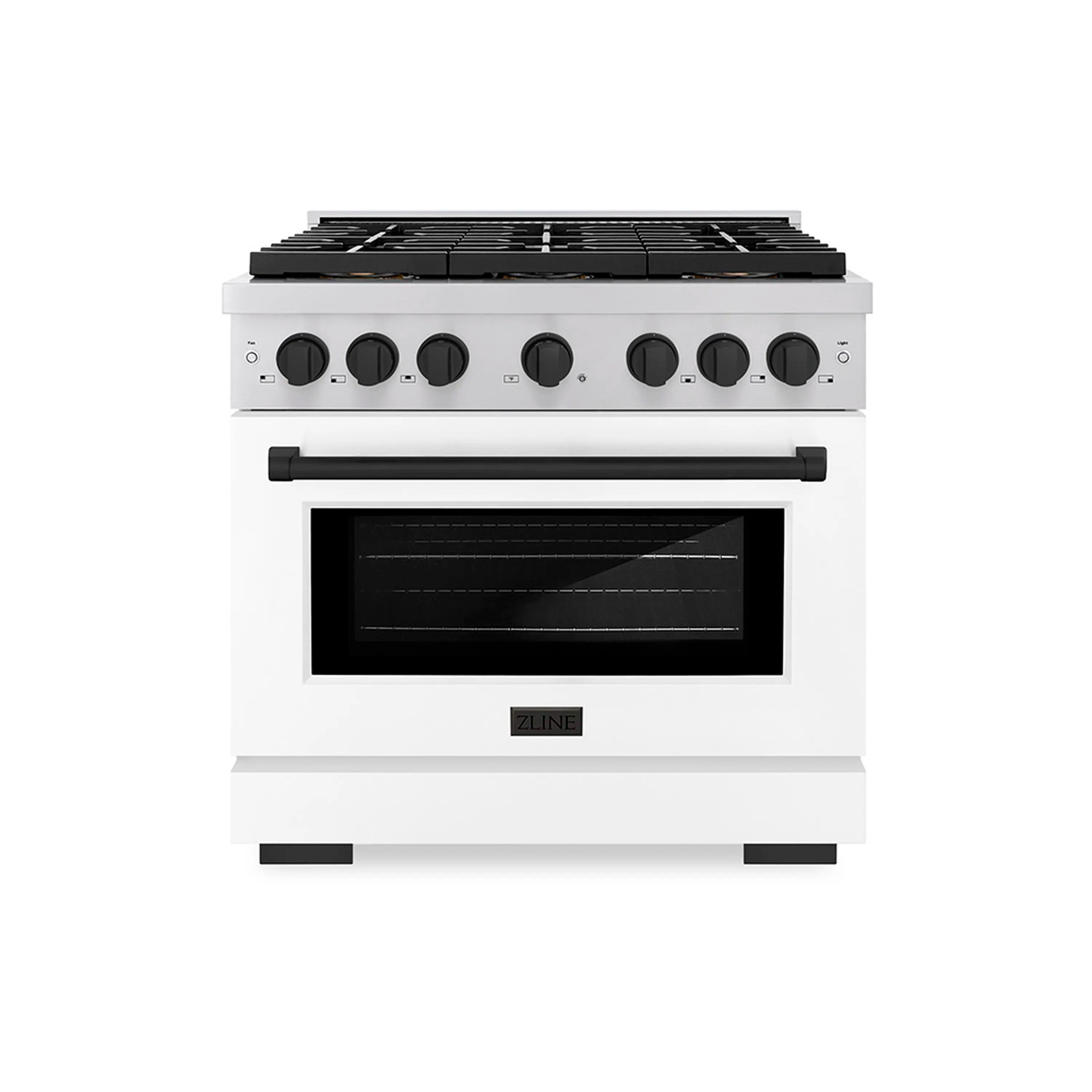White dual fuel range with six burner cooktop, black control knobs, and oven door