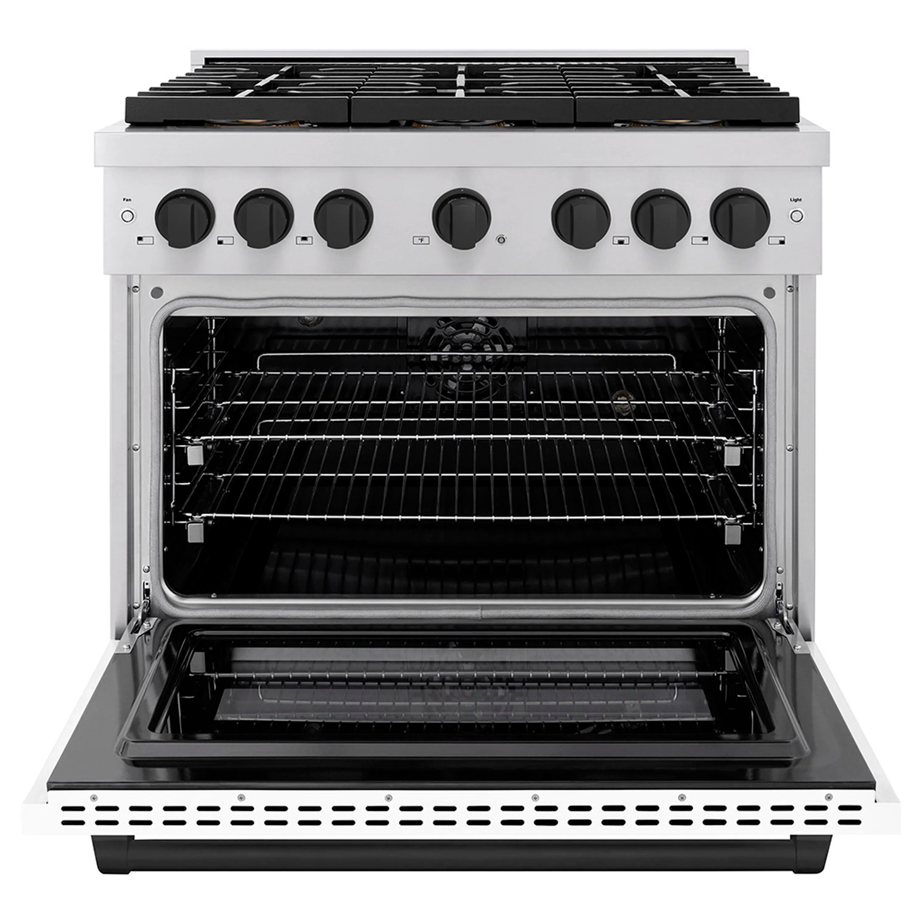Dual fuel oven open to reveal wire rack and black interior cavity with heating elements
