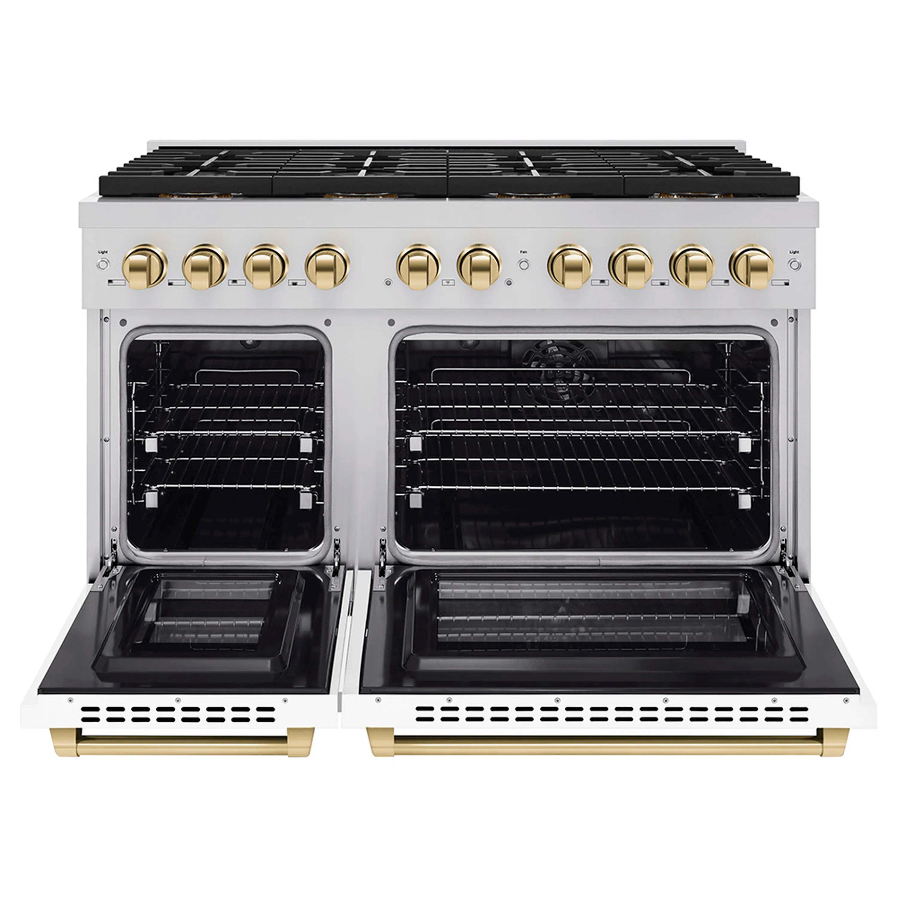 White matte dual-fuel range with two open ovens and a black glass cooktop