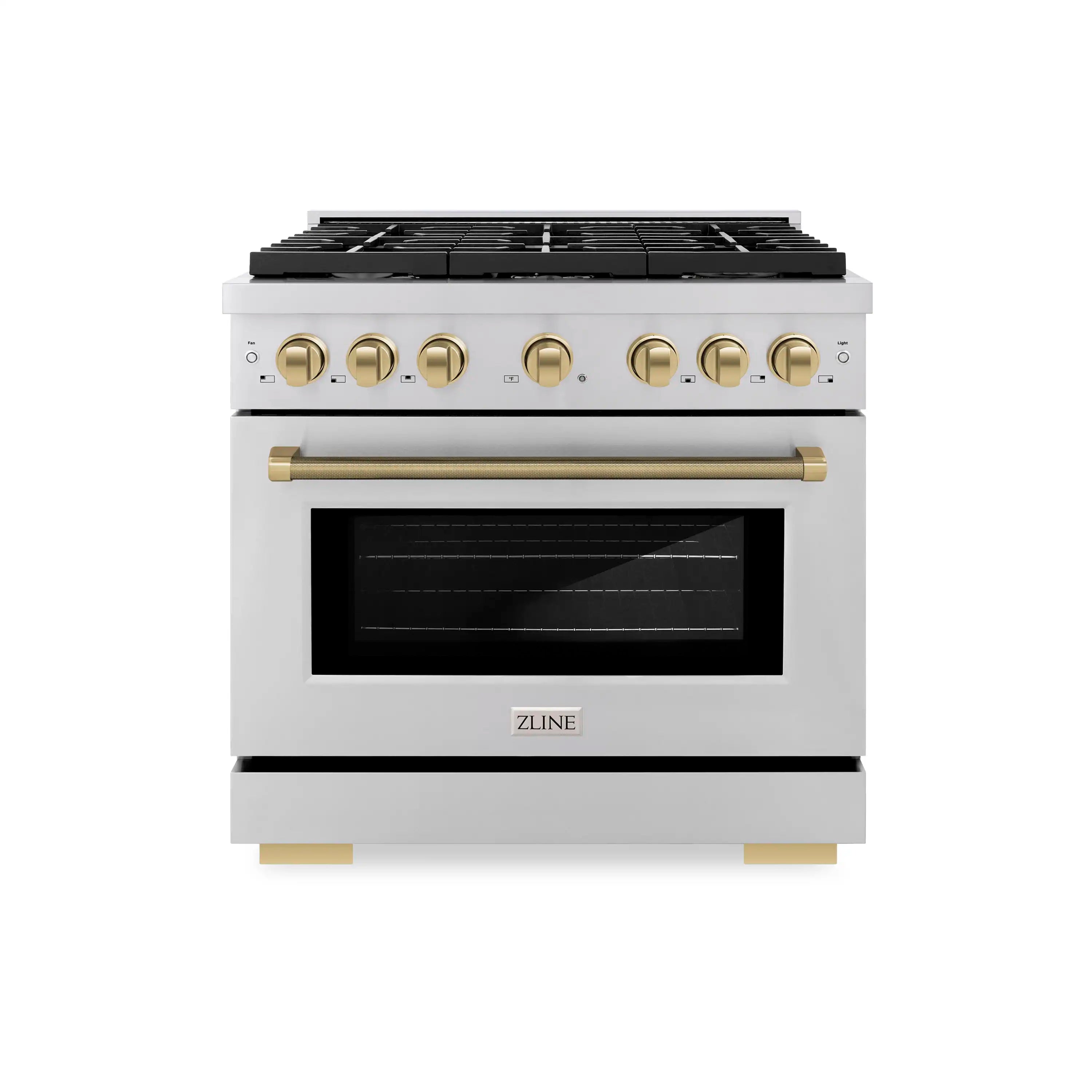 Stainless steel dual-fuel range with oven door, black window, and bronze control knobs