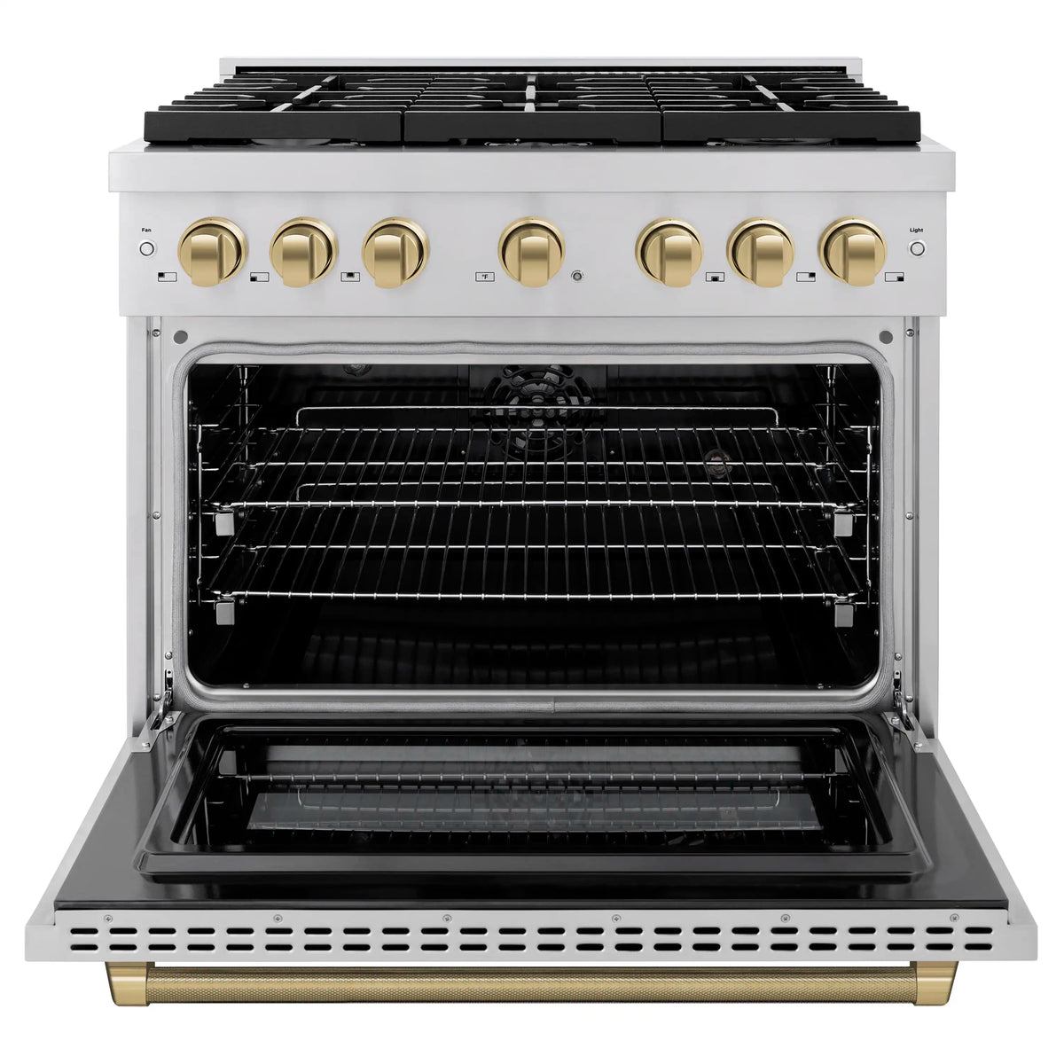 Stainless steel dual-fuel range with open oven and bronze control knobs