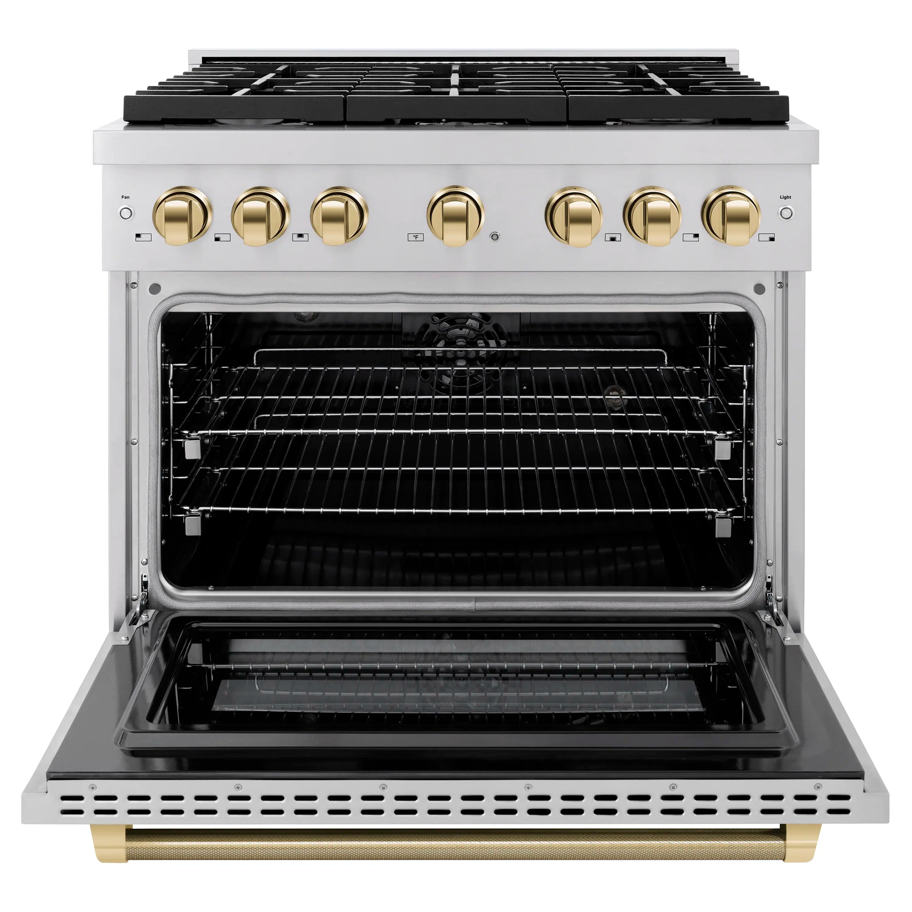 Open oven door on black stainless dual fuel range with gold control knobs