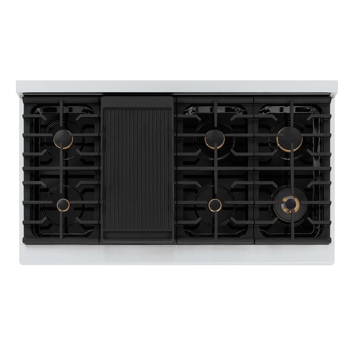 Cooktop burner layout with black grates and ridged center griddle cover