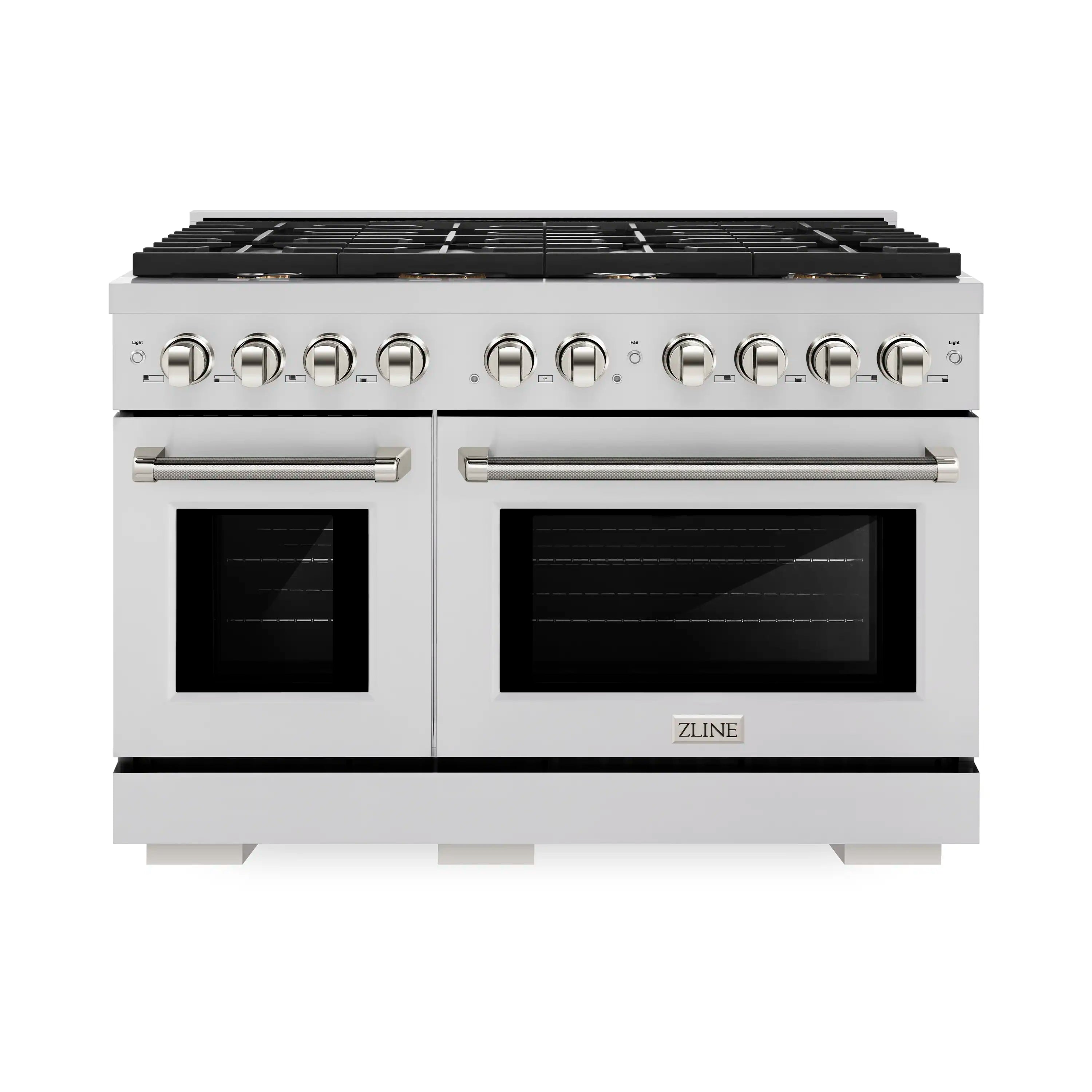 Stainless steel dual fuel range with two ovens and front control knobs