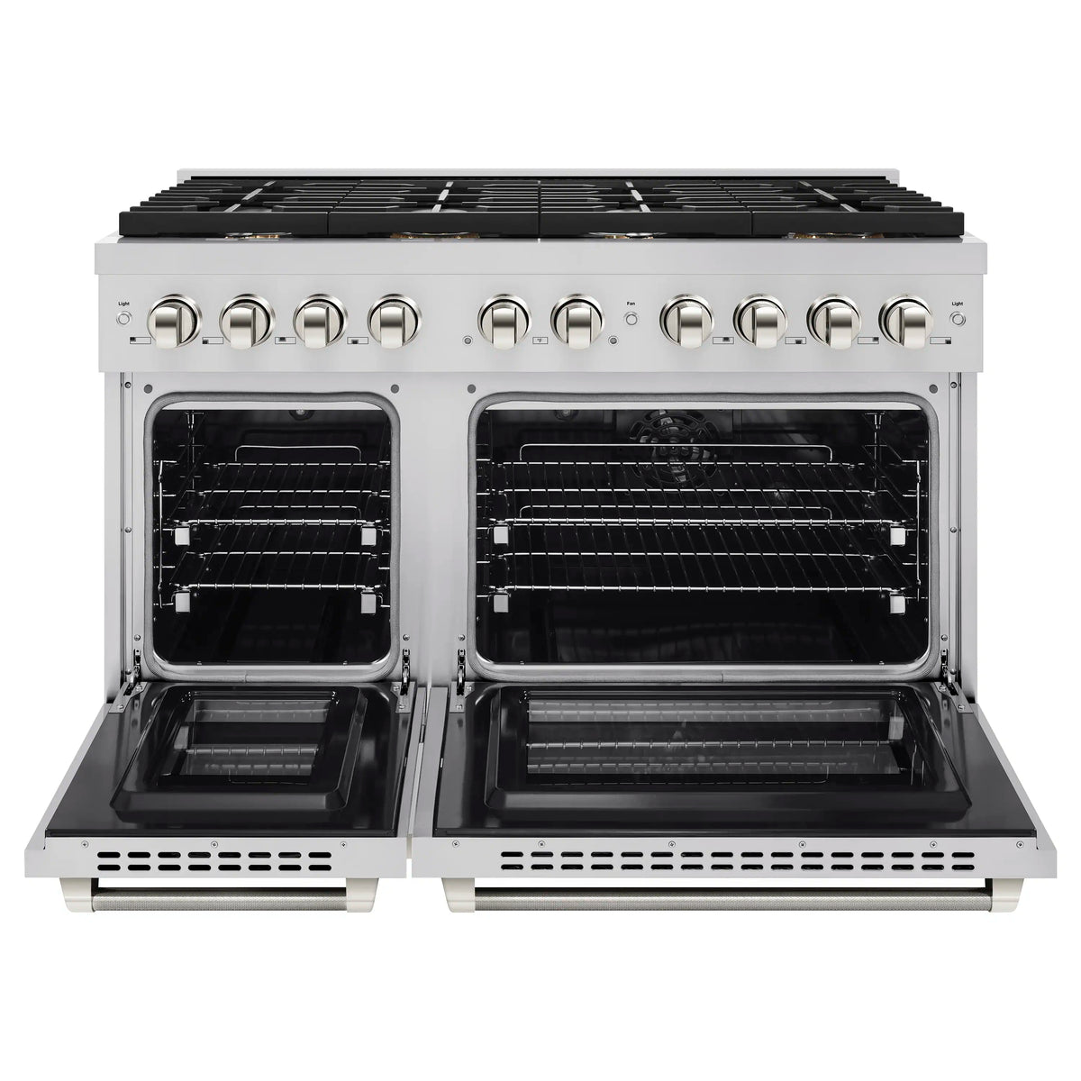 Stainless steel dual fuel range with both oven doors open and racks inside