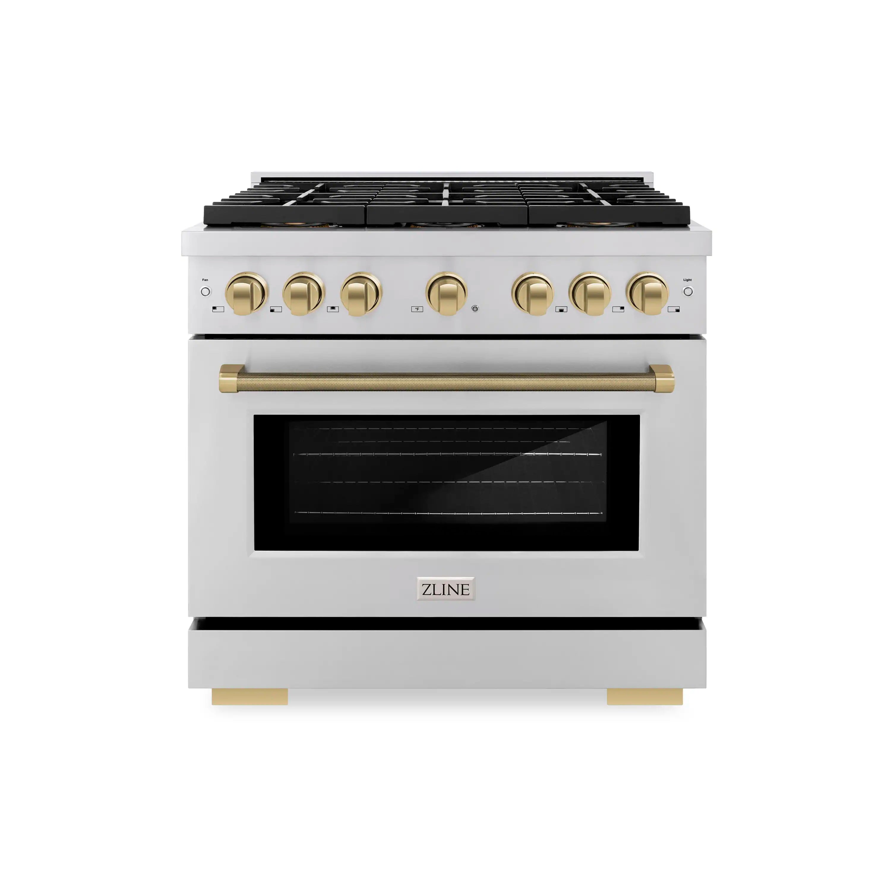 Stainless dual-fuel range with black cooktop grates, bronze handle, and oven window