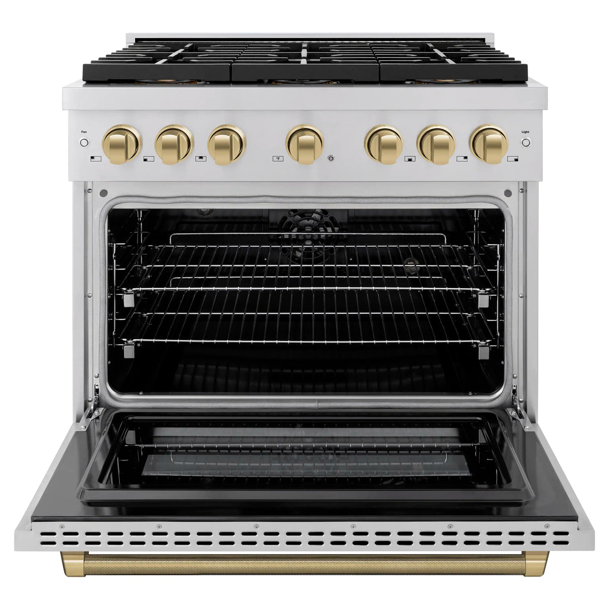 Stainless steel dual fuel range with open oven door and bronze helix control knobs