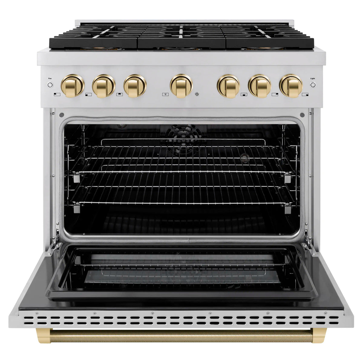 Stainless steel range with open oven door, racks, and six-burner cooktop