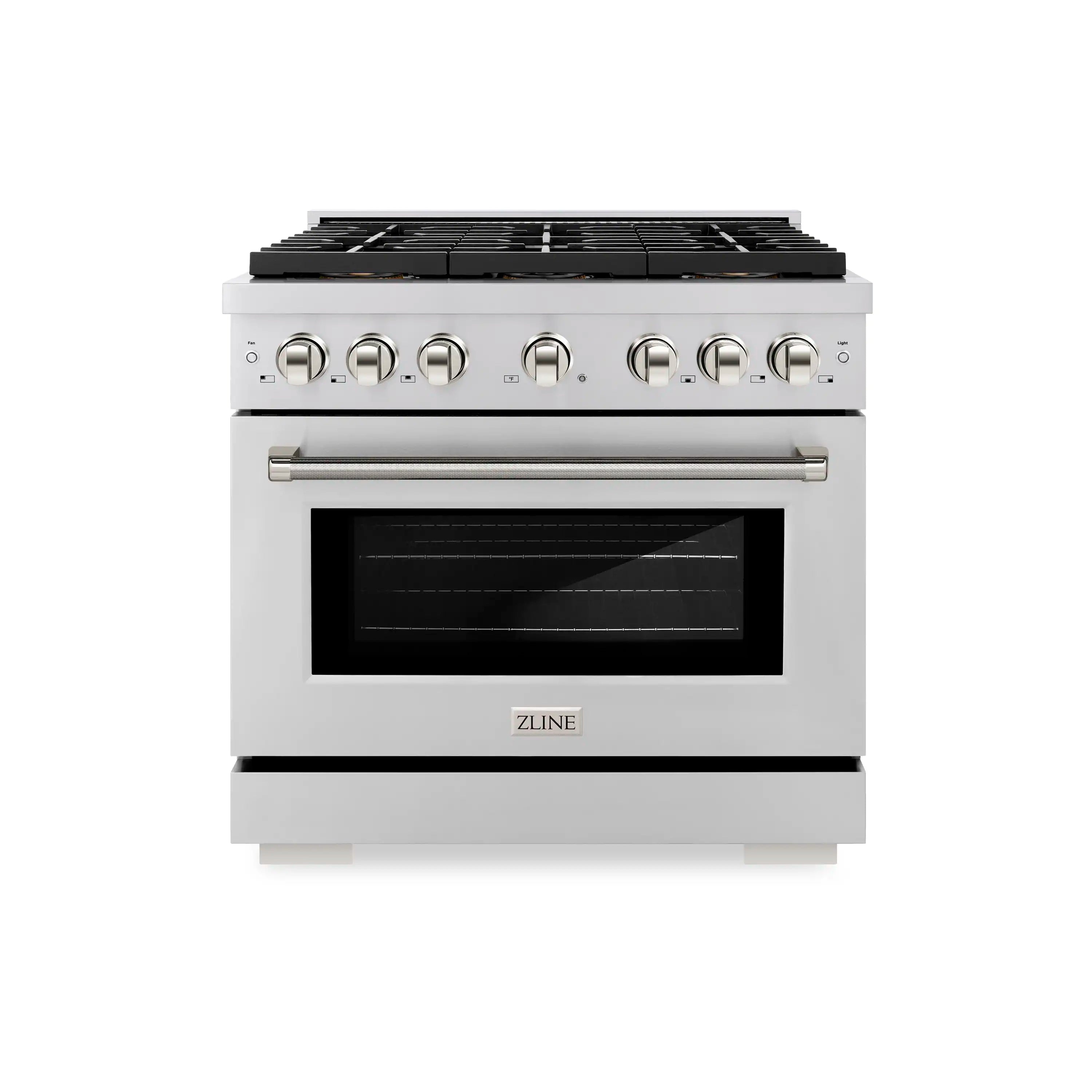 Stainless steel dual fuel range front with black cooktop grates, knobs, and glass oven window