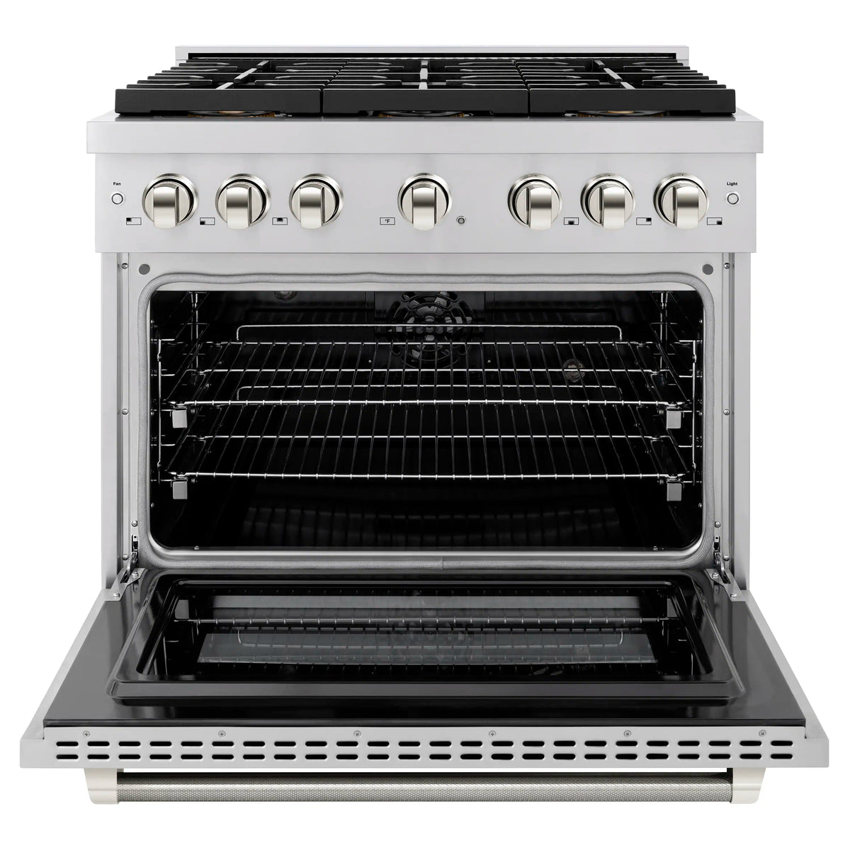 Stainless steel dual fuel range with open oven door and baking racks inside