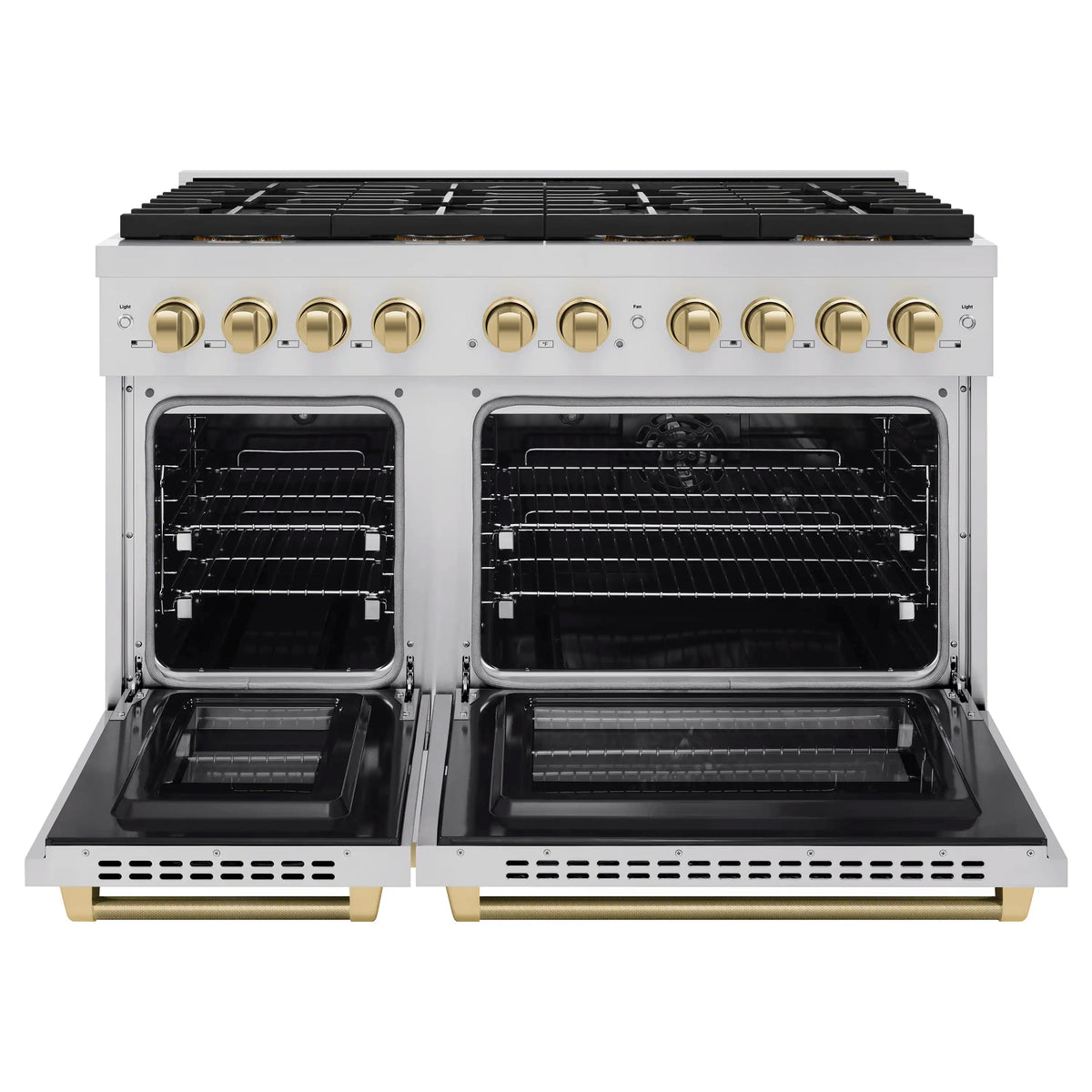 Stainless steel dual fuel range with both oven doors open and wire racks visible