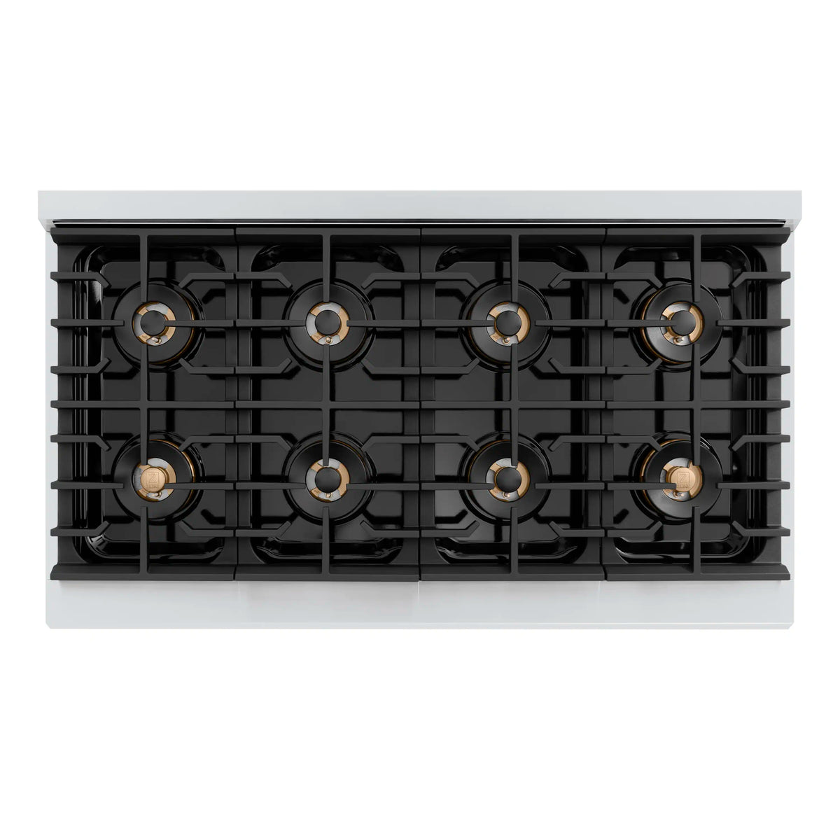 Dual fuel range cooktop with eight brass-centered burners in a black grate layout