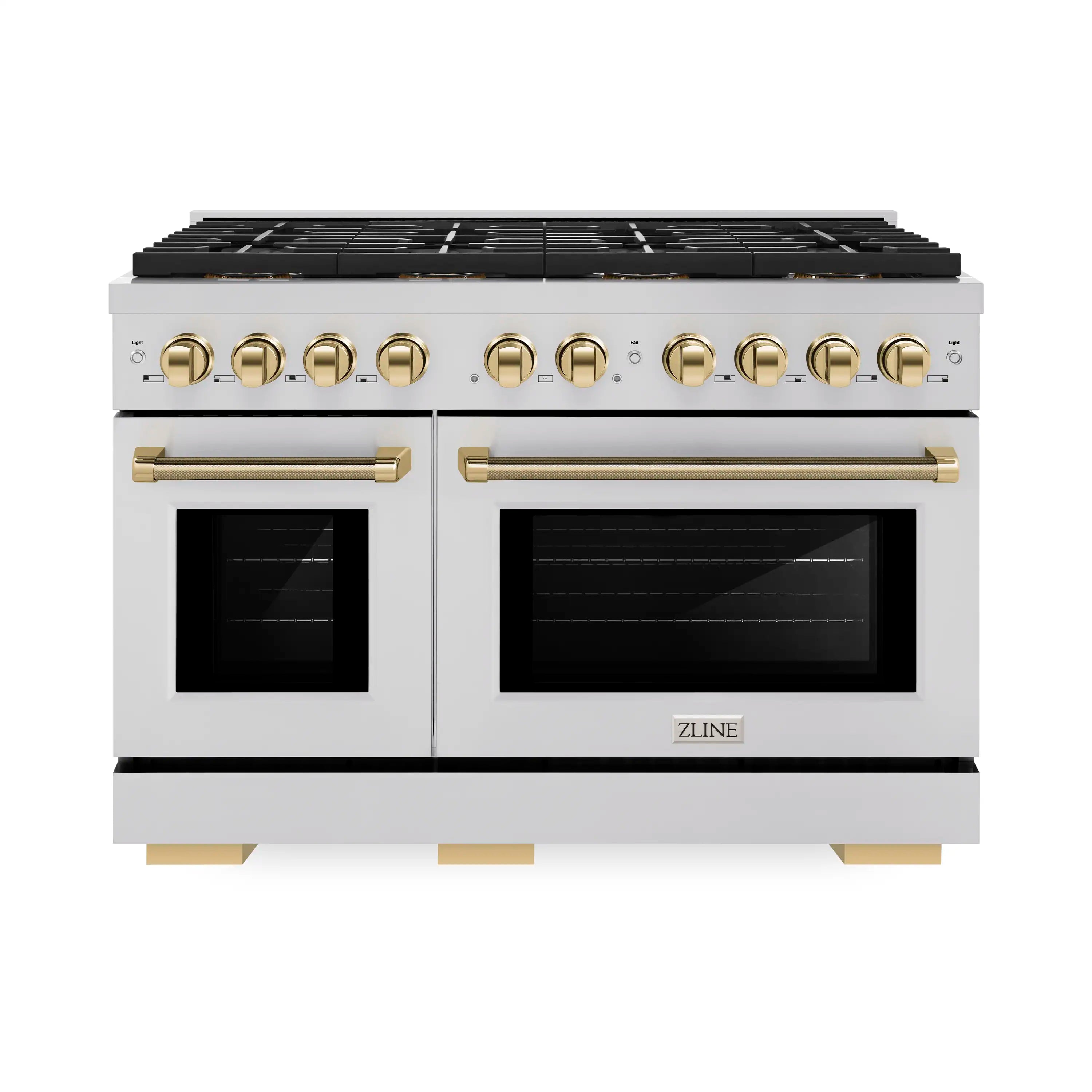 Stainless dual fuel range with two oven doors and gold control knobs