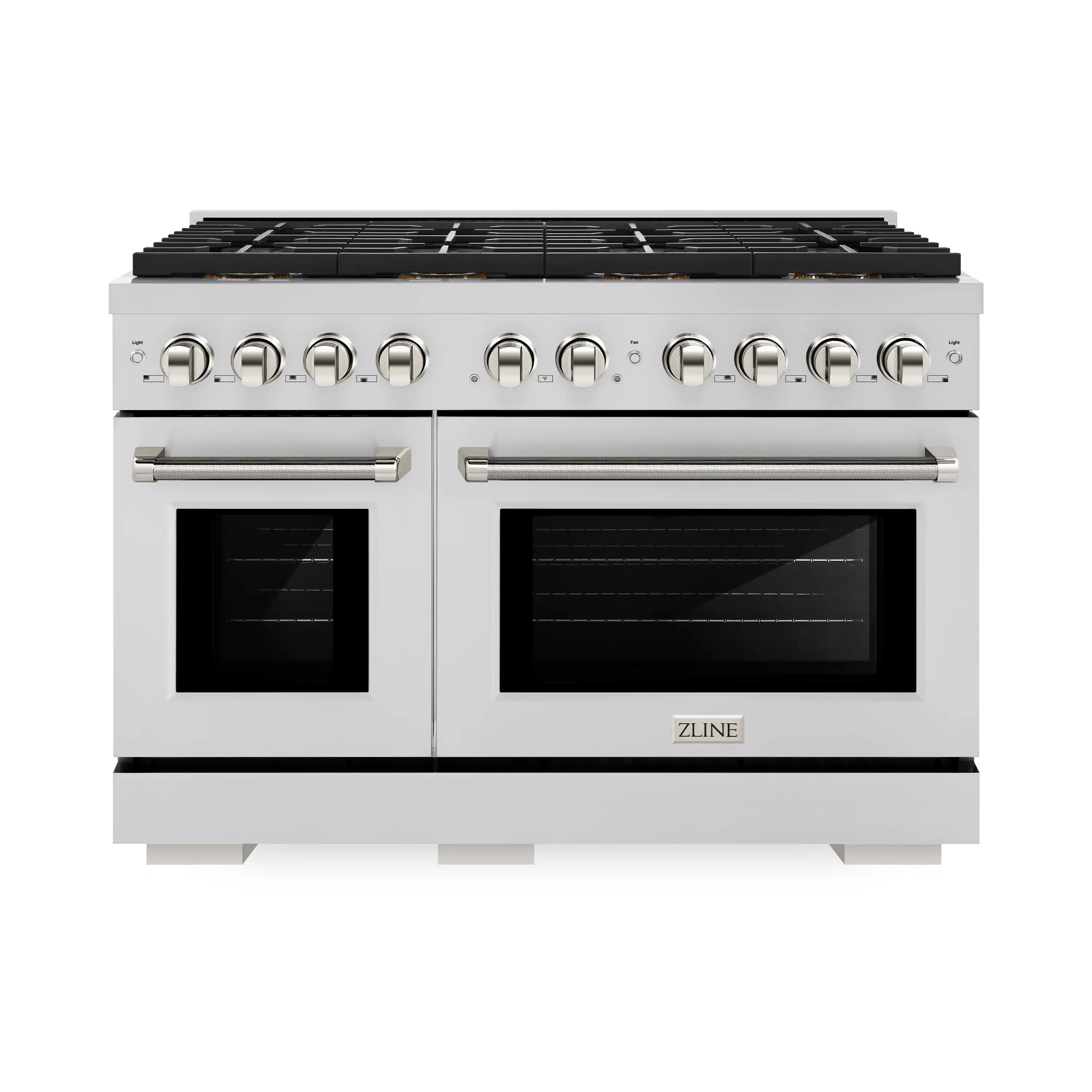 Stainless steel dual fuel range with two oven doors, black window, and knob controls