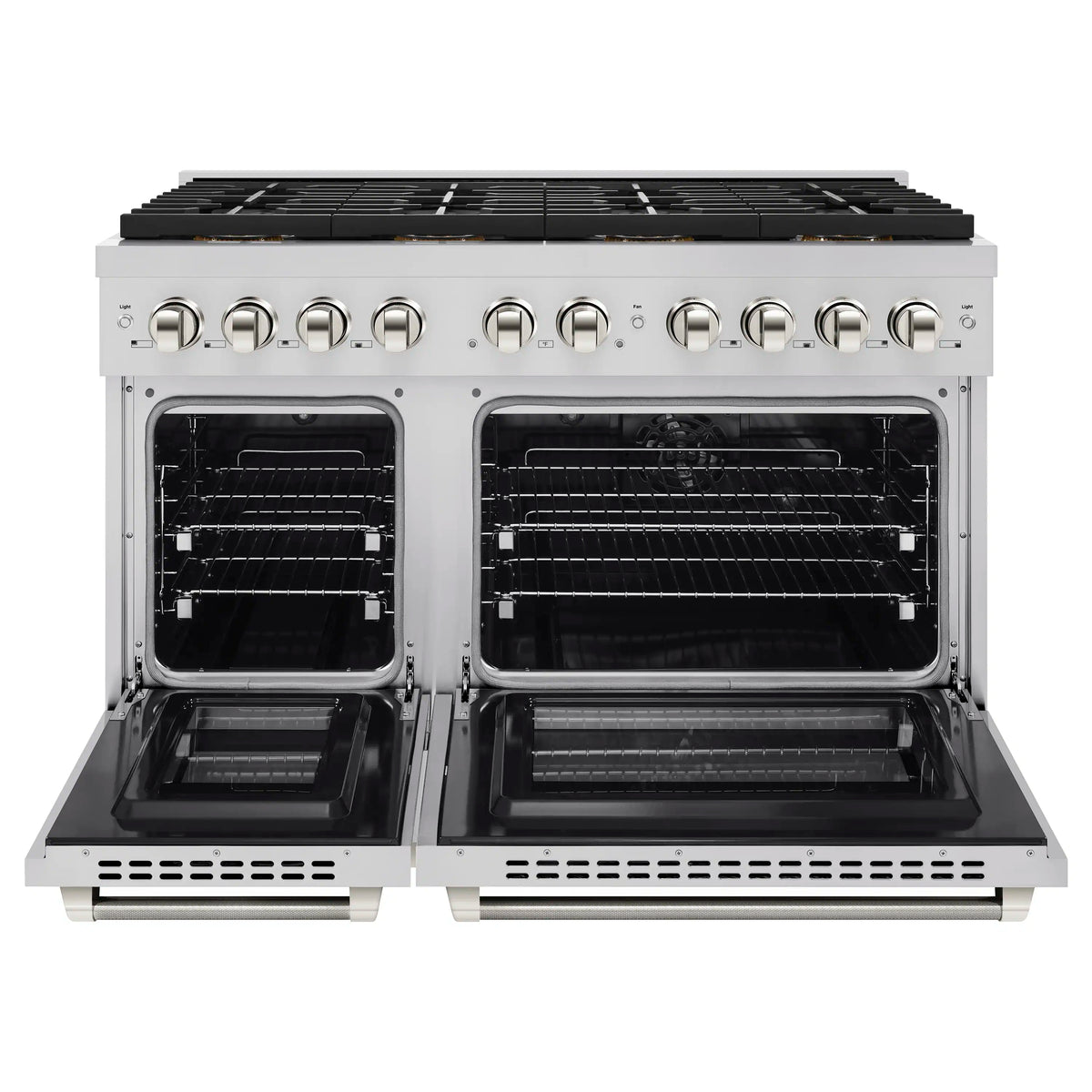 Stainless steel dual fuel range with both oven doors open and black interior racks