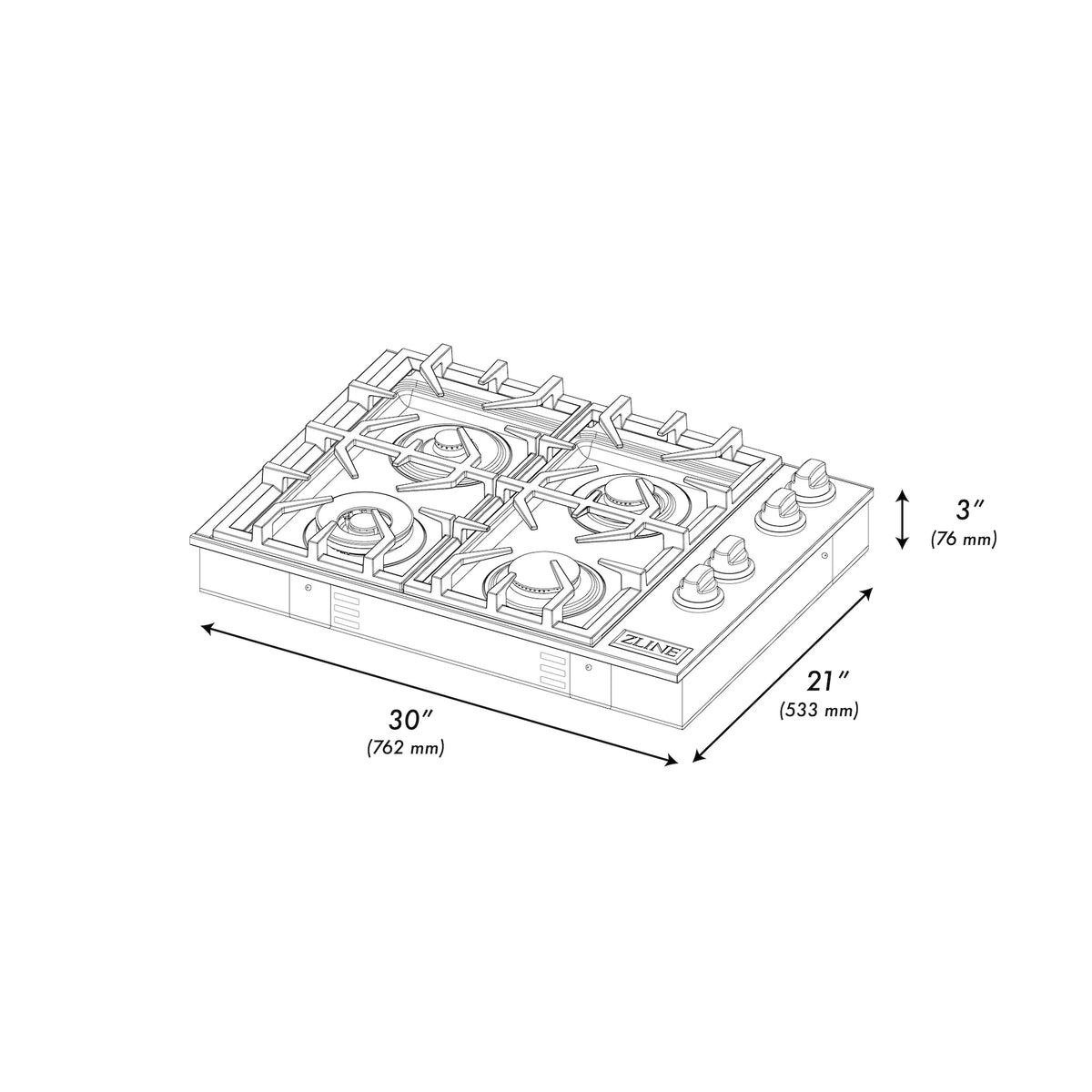 ZLINE 30-inch gas cooktop diagram with four burners and overall dimensions