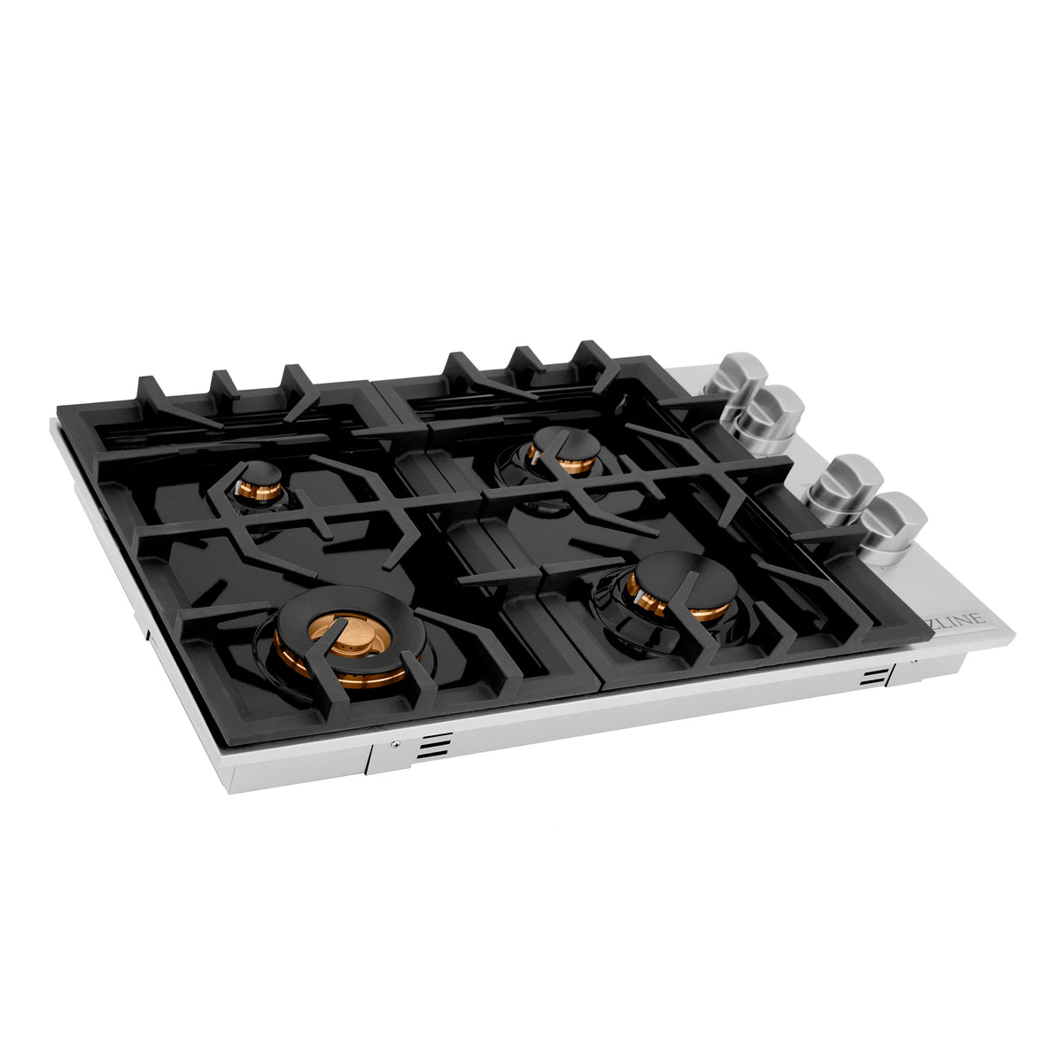 Black four-burner gas cooktop with brass burner caps and four control knobs at right