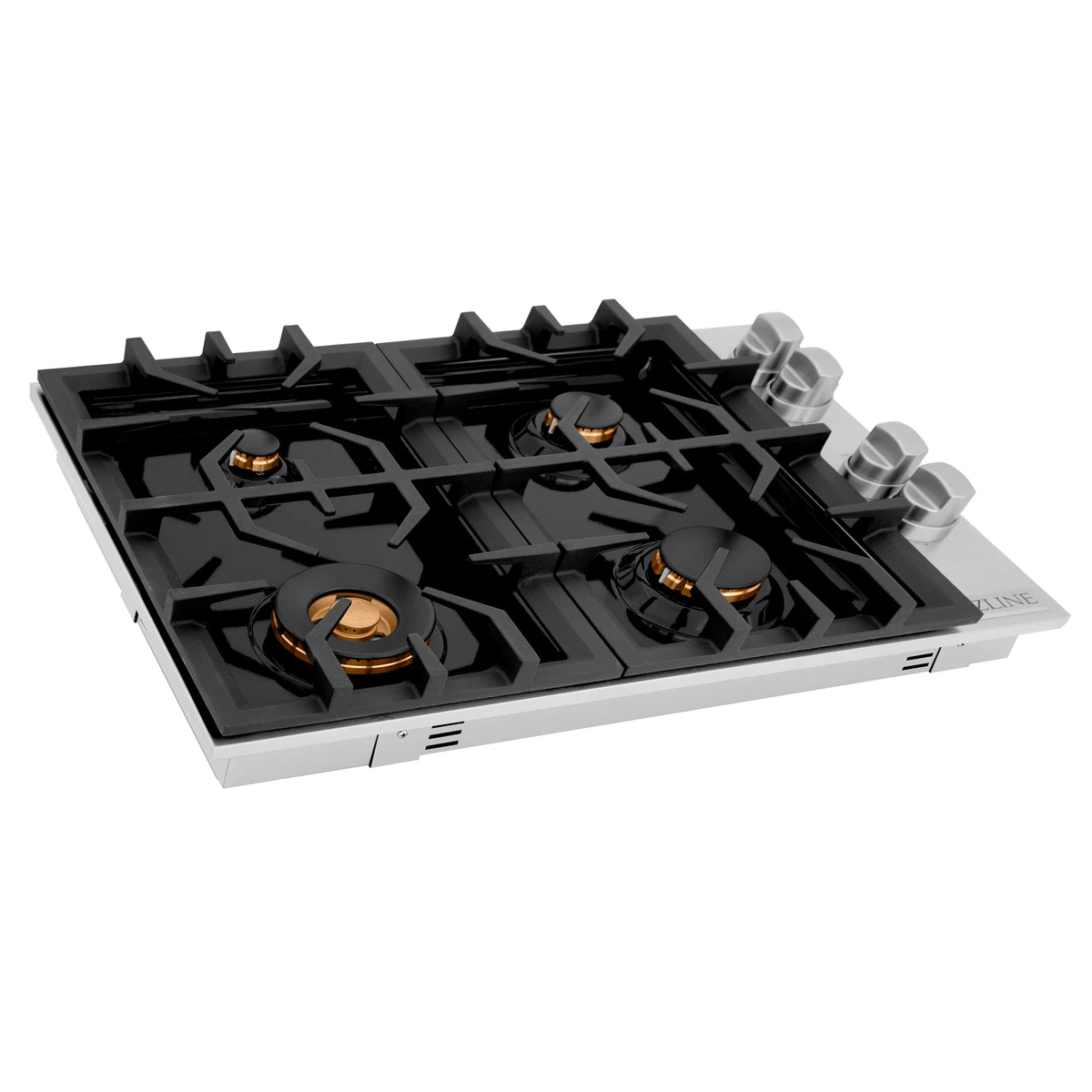 Black four-burner gas cooktop with brass caps, grates, and control knobs