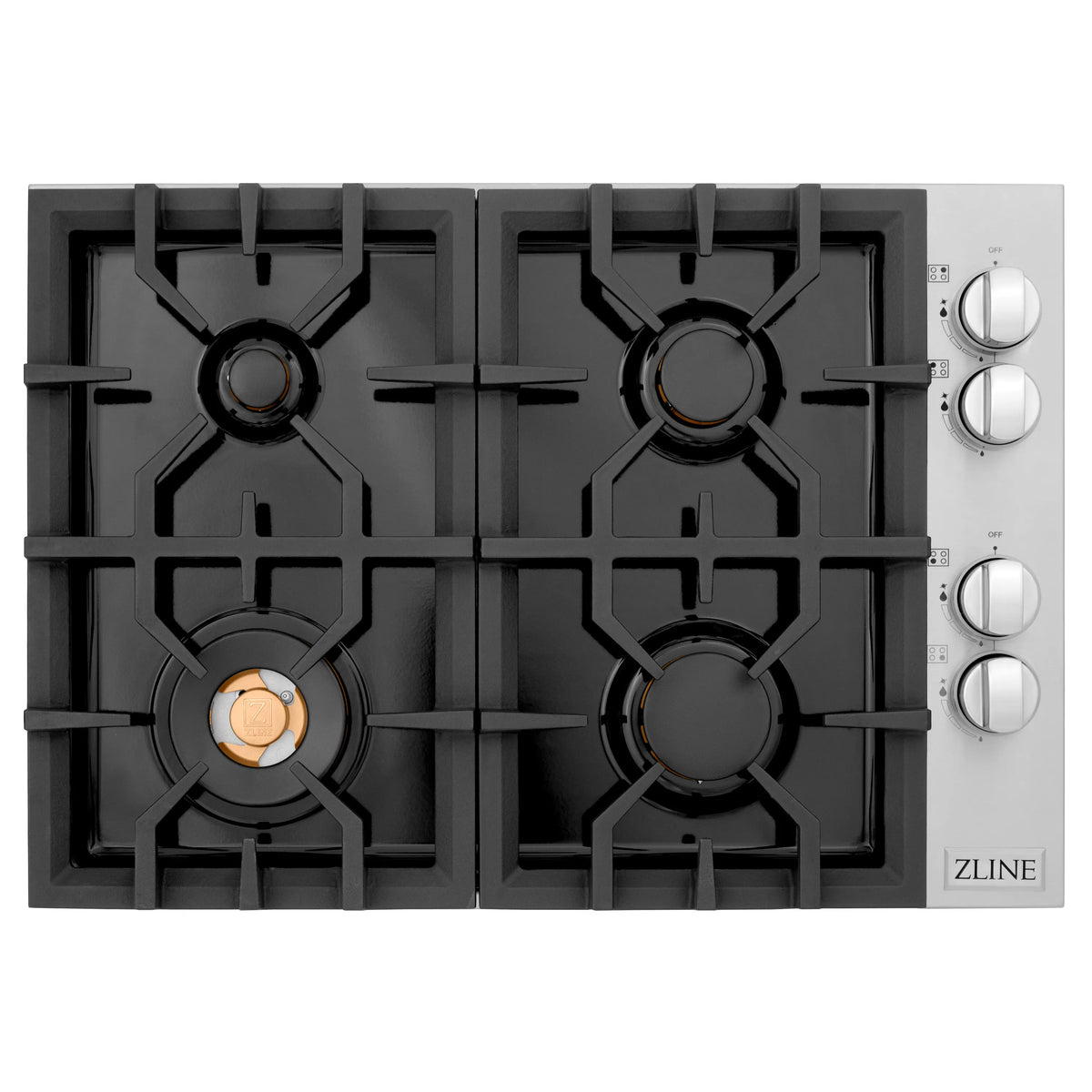Four-burner black gas cooktop with cast grates and three control knobs on side