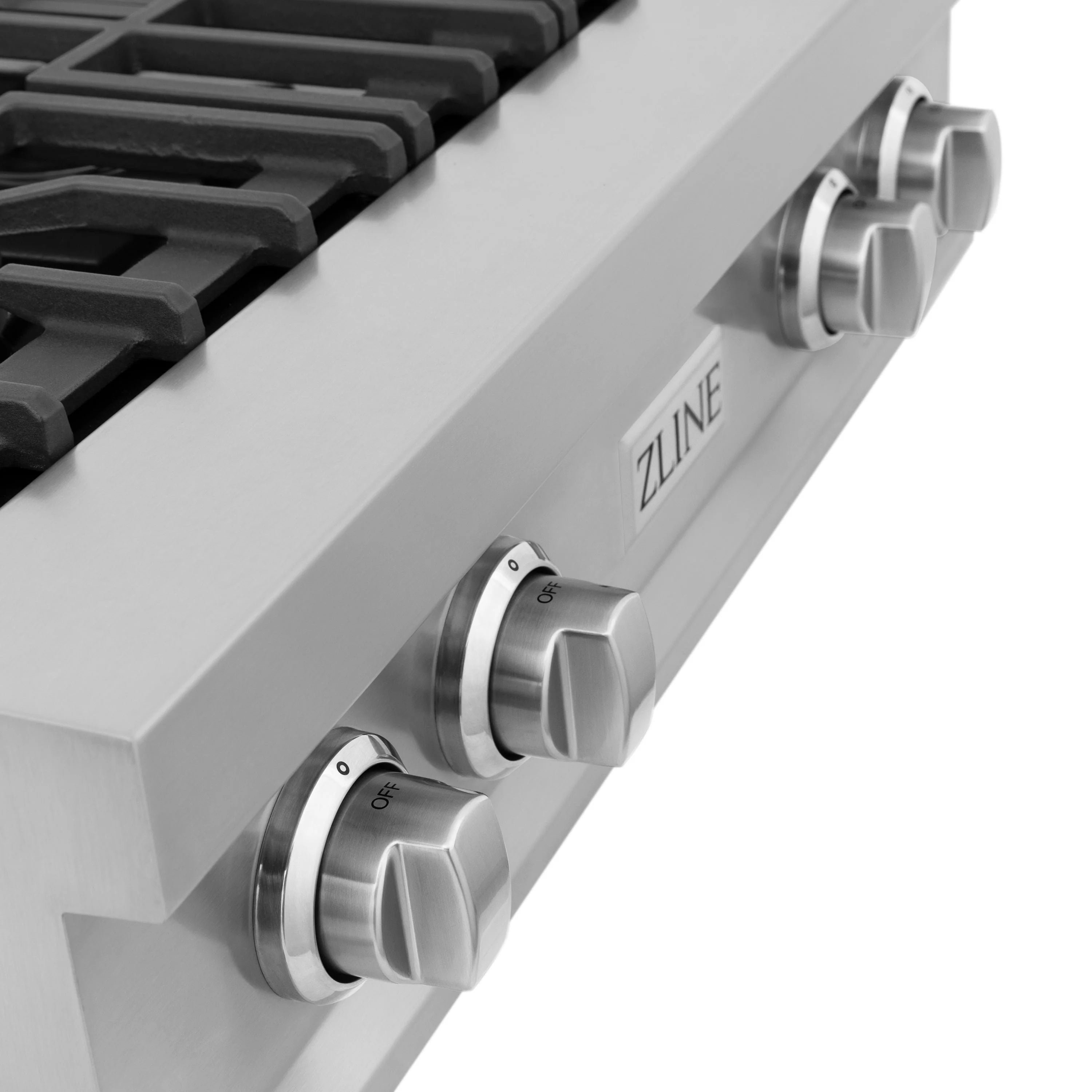 White front control panel with three silver knobs and ZLINE branding