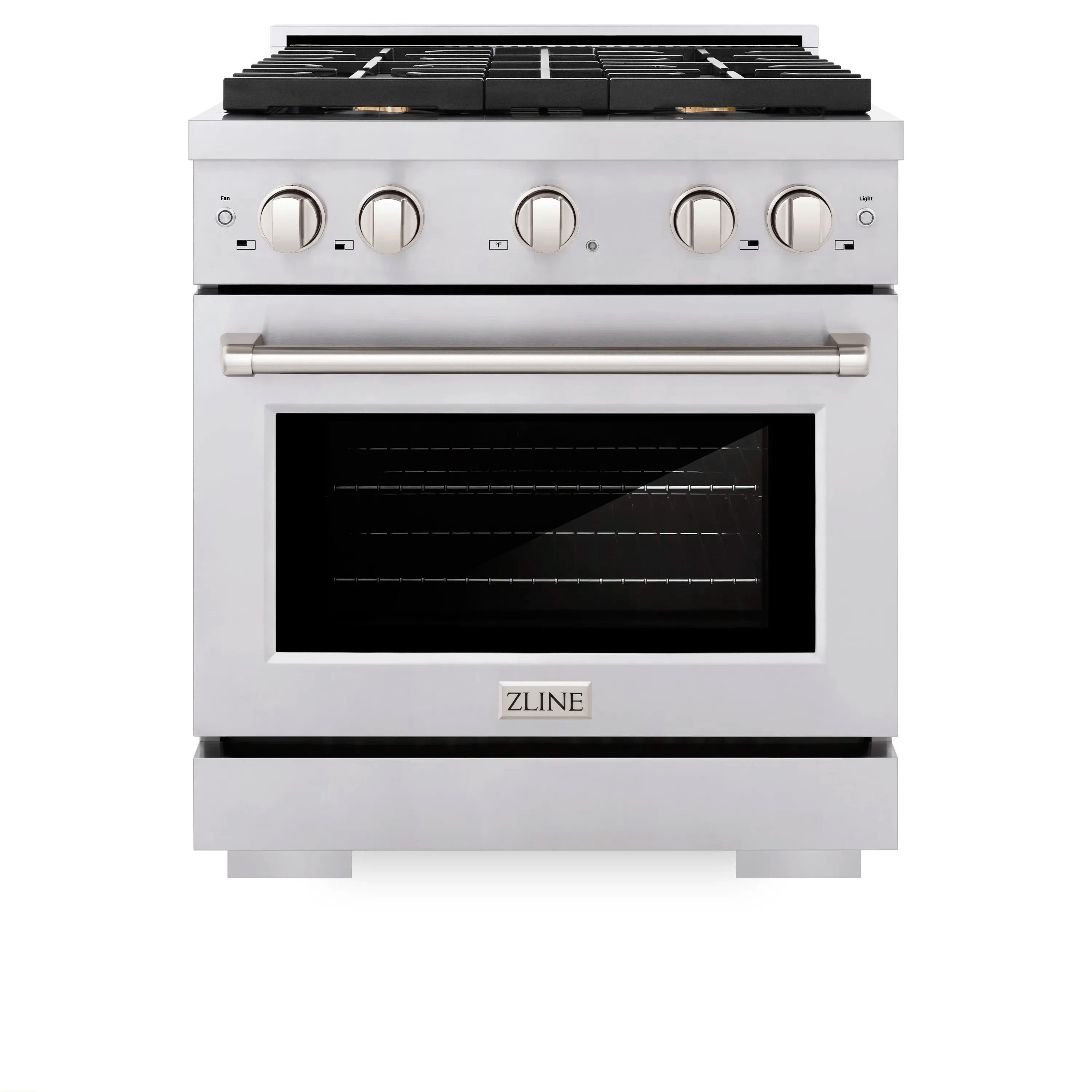 Stainless steel range with oven door, brass burners, and front control knobs