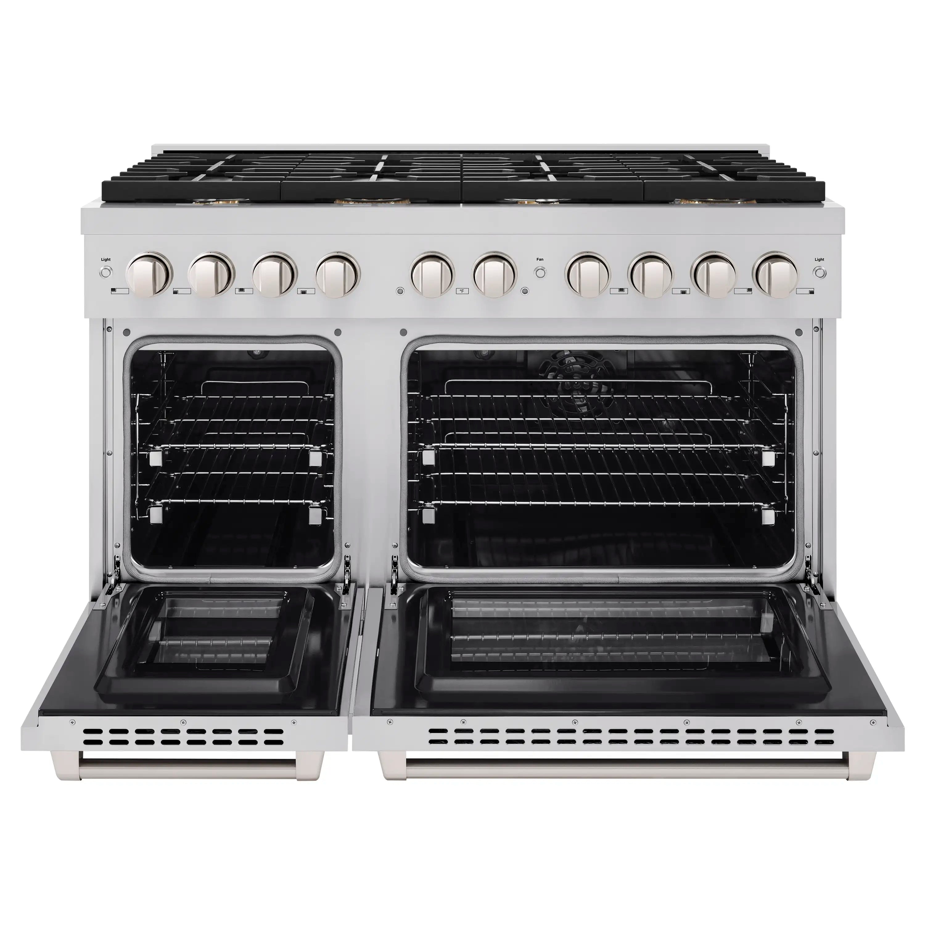 Stainless steel dual oven range with two open ovens and black burner grates.