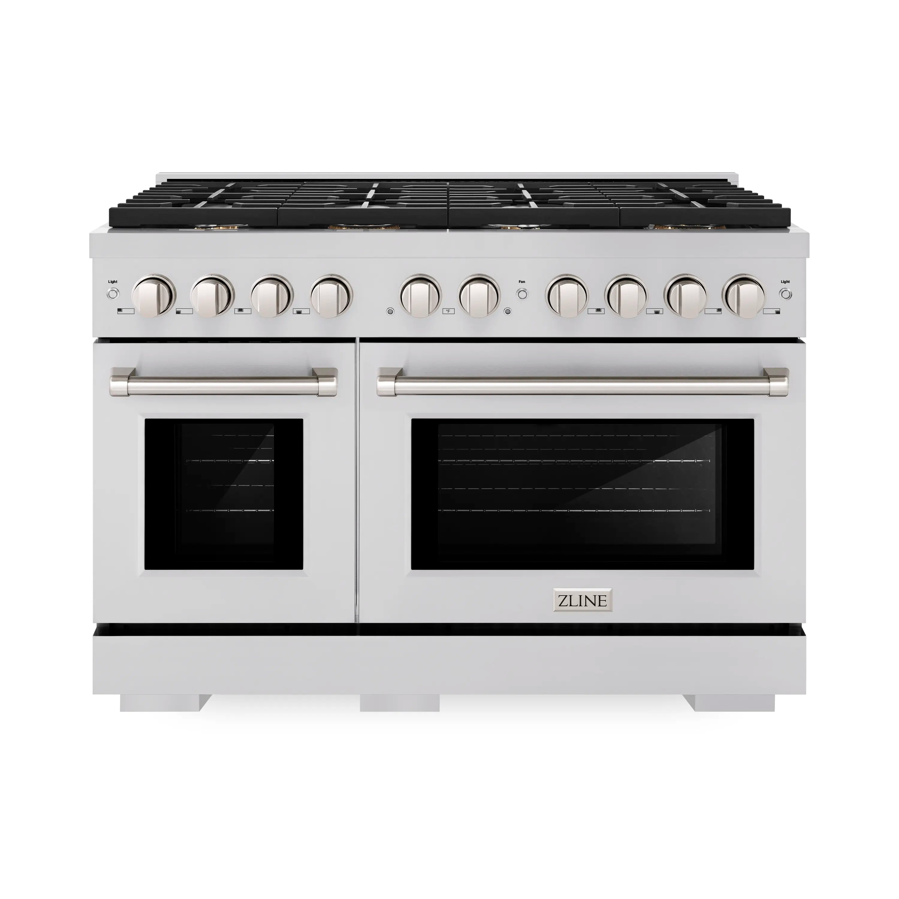 Stainless steel dual oven dual fuel range with black grates and control knobs, 8 burners.