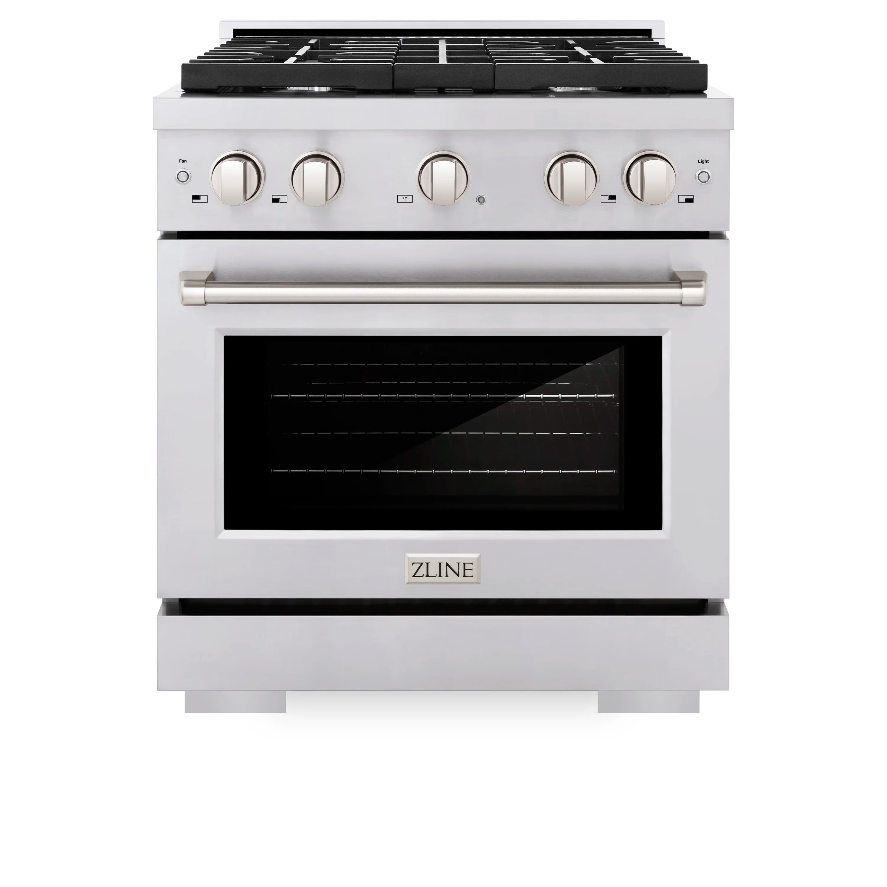 Stainless dual-fuel range front view with oven door window and four burner knobs